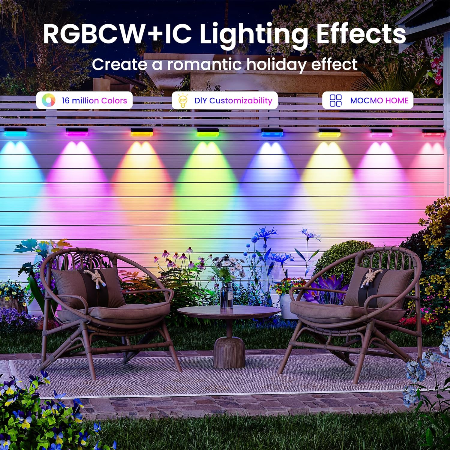 16 Packs Outdoor Deck Lights, Smart RGBIC Fence Light, with APP/Remote Control, 16 Million Monochrome Modes,IP67 Waterproof, Color Changing Fence Lights for Fence（100ft）