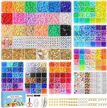 Redtwo Friendship Bracelet Making Kit, 7 Boxes 5000 Pcs Pony Beads and 5100 Pcs Clay Beads for Jewelry Making Kit, 144 Colors Kandi Bead Set with Letter Bead, Crafts Gifts for Teen Girls Ages 8-12