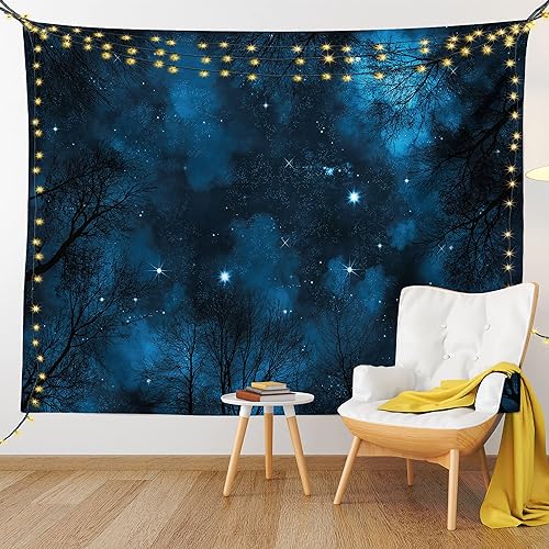 Miniatura 9 de Lunarable Tapiz de cielo nocturno, tamaño King, vista espeluznante a través de ramas del bosque, árboles, cielo brumoso con estrellas, colcha para