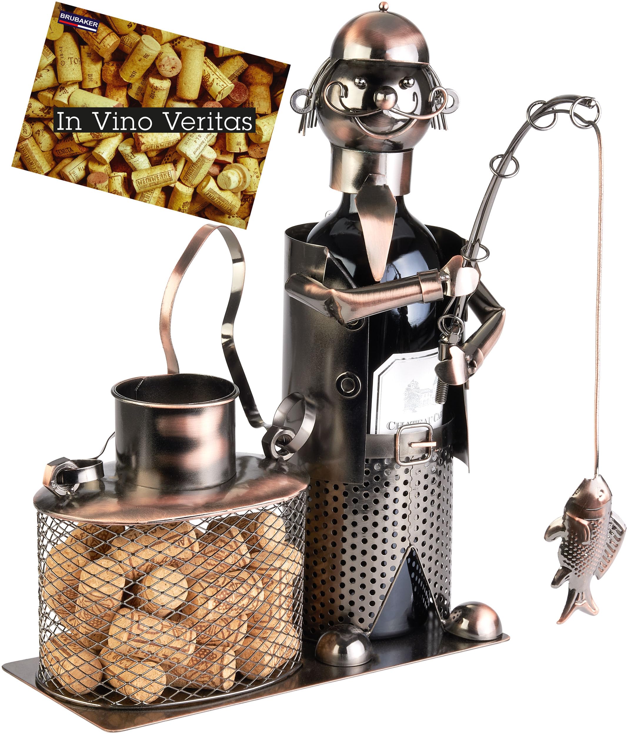 Porte Bouteille de Vin Pêcheur en Métal Cuivré - Décoration Élégante et Cadeau Original