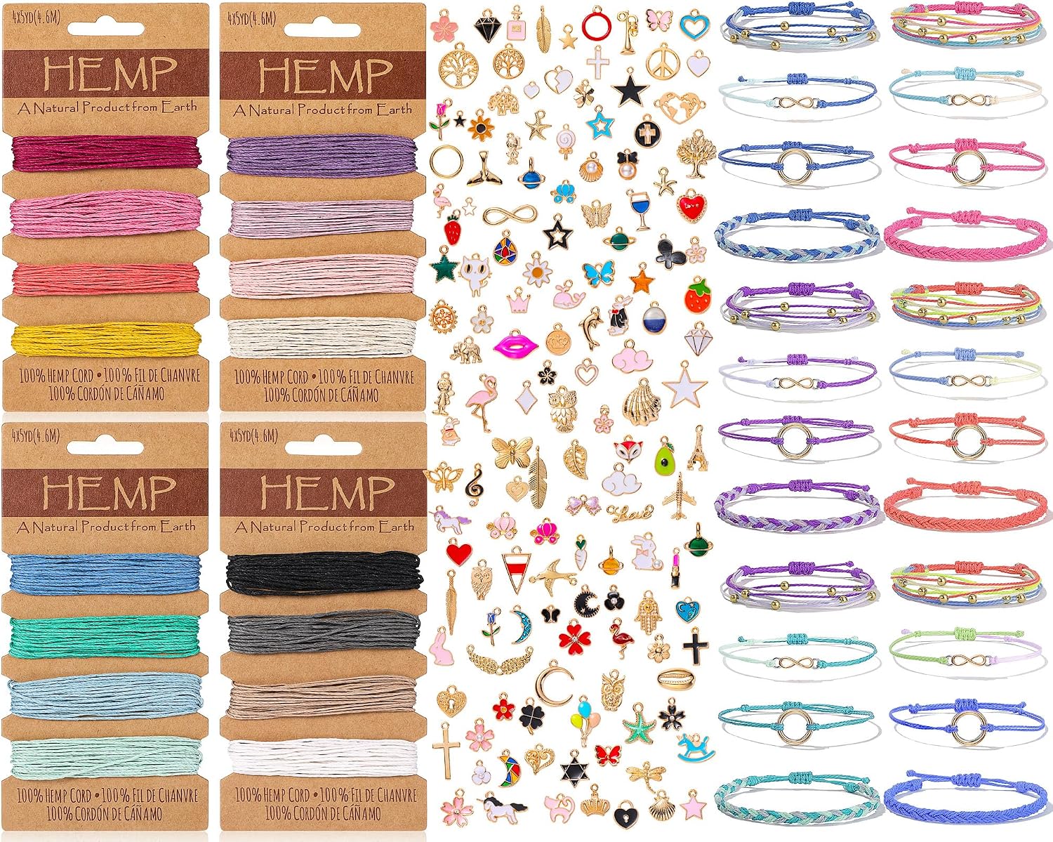 Quelay Hemp Cords Jewelry DIY Making Kits, 16 Pcs 84 Yards Flax String Cord Natural Twine Rope and Various Styles Bracelet Charms for Friendship Bracelet Necklace Keychain Gift Craft Making (Colorful)