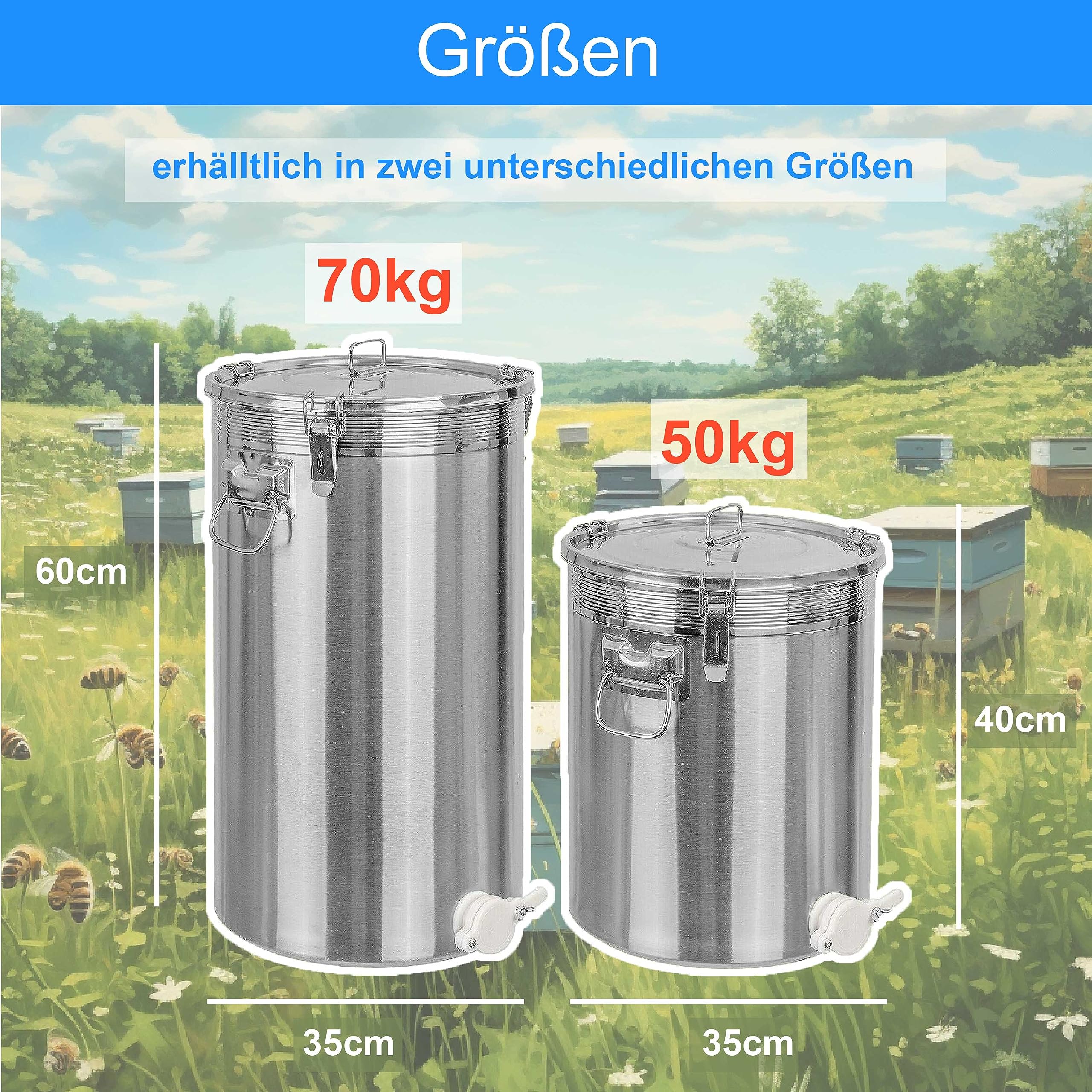 ONPIRA Edelstahl Honig Abfülleimer mit Quetschhahn Abfüllbehälter in 4 Varianten auswählbar (50kg, Kunststoff Quetschhahn)