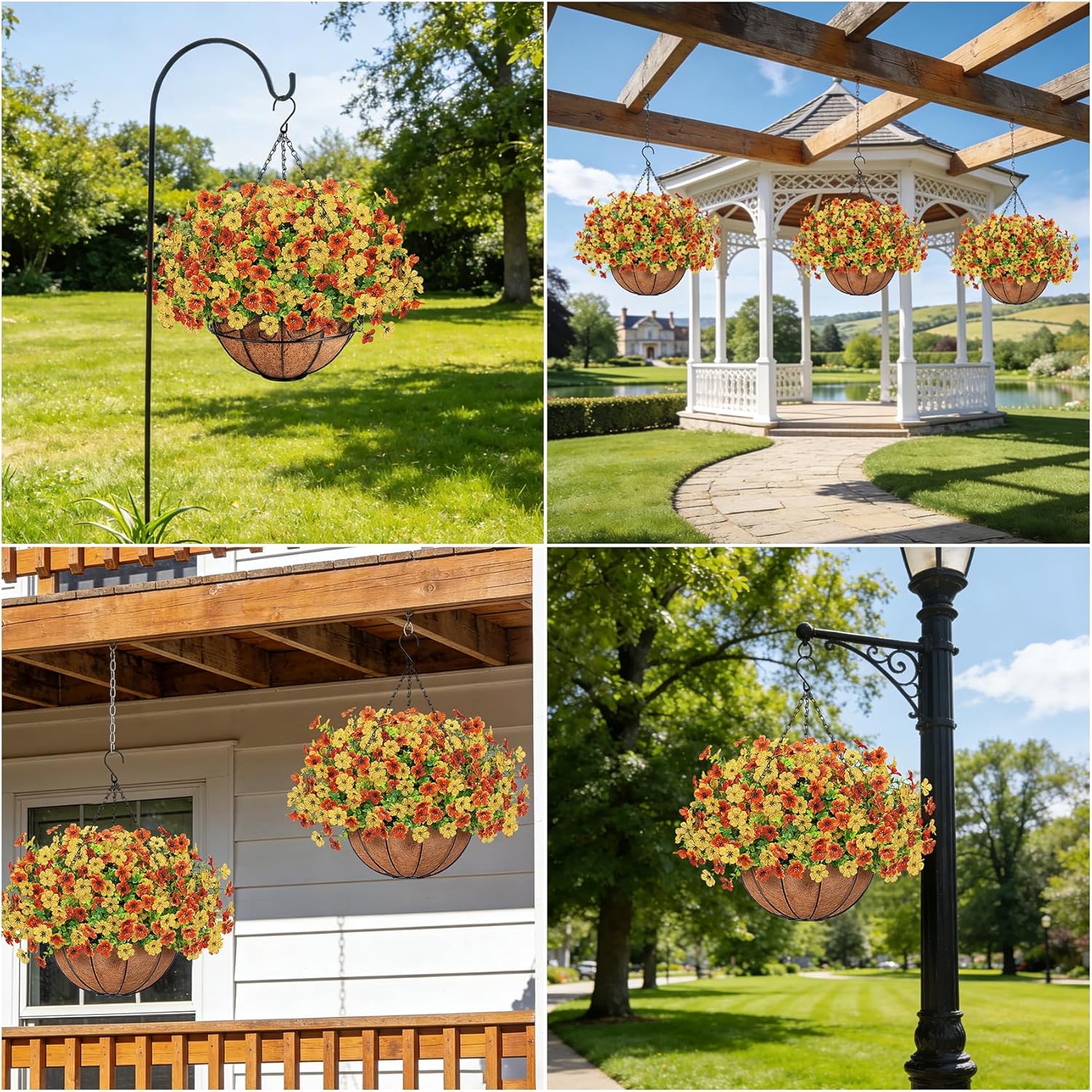 Artificial Fake Hanging Flowers Plants Basket Outdoors, Faux Silk UV Resistant Look Real Daisy Eucalyptus for Spring Summer Garden Porch Home Patio Balcony Yard Decorations, Orange Yellow