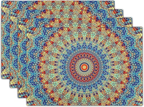 Bohemian Mandala Placemats Set of 4,Colorful Boho Style Dining Mat, Rectangle Linen 12 x 18in Non Slip Indian Floral Mandala Print Place Mat for