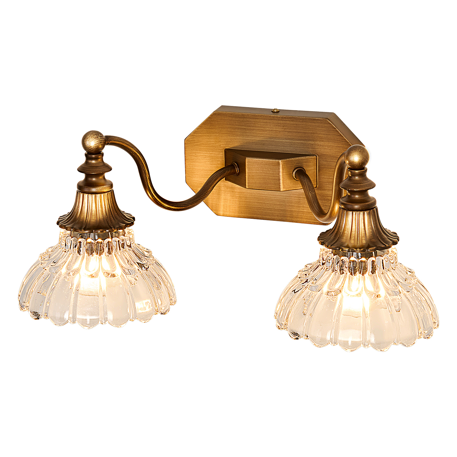 Image of hesoge Vintage Bathroom Light Fixture Antique Brass Vanity Light with Crystal Glass Shade Brushed Gold 2-Light Bathroom Light Over Mirror