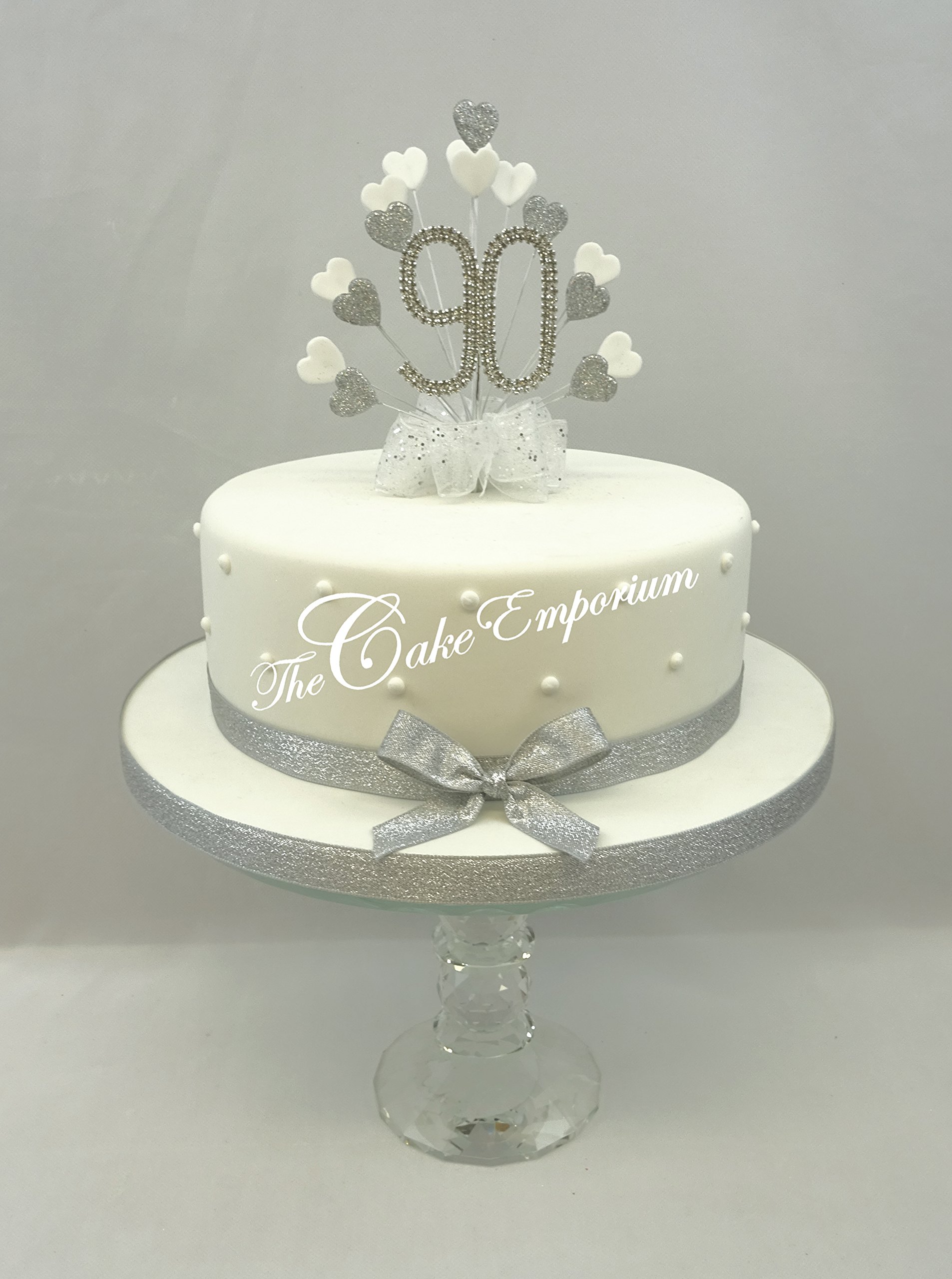 The Cake Emporium Ltd Silver/White Cake Topper Burst Spray Diamante 90Th Birthday & Glitter Hearts With Ribbon