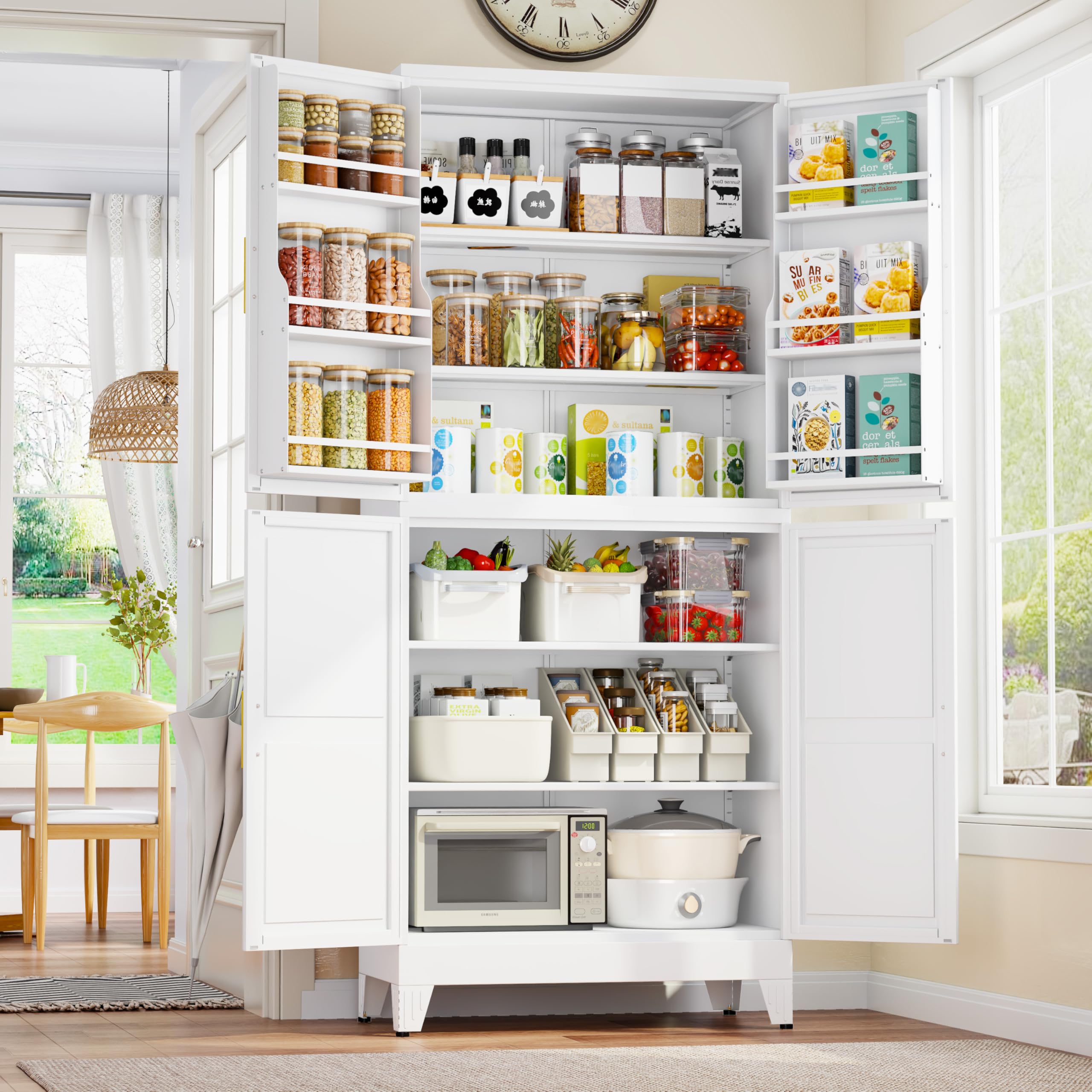 GAIOUS 74.8" Tall Metal Food Cabinet, White Kitchen Pantry Cabinet, Storage Cabinets with 4 Door and 4 Adjustable Shelves, Steel Freestanding Cupboard for Kitchen Dining Room Living Room Bathroom (Damaged)
