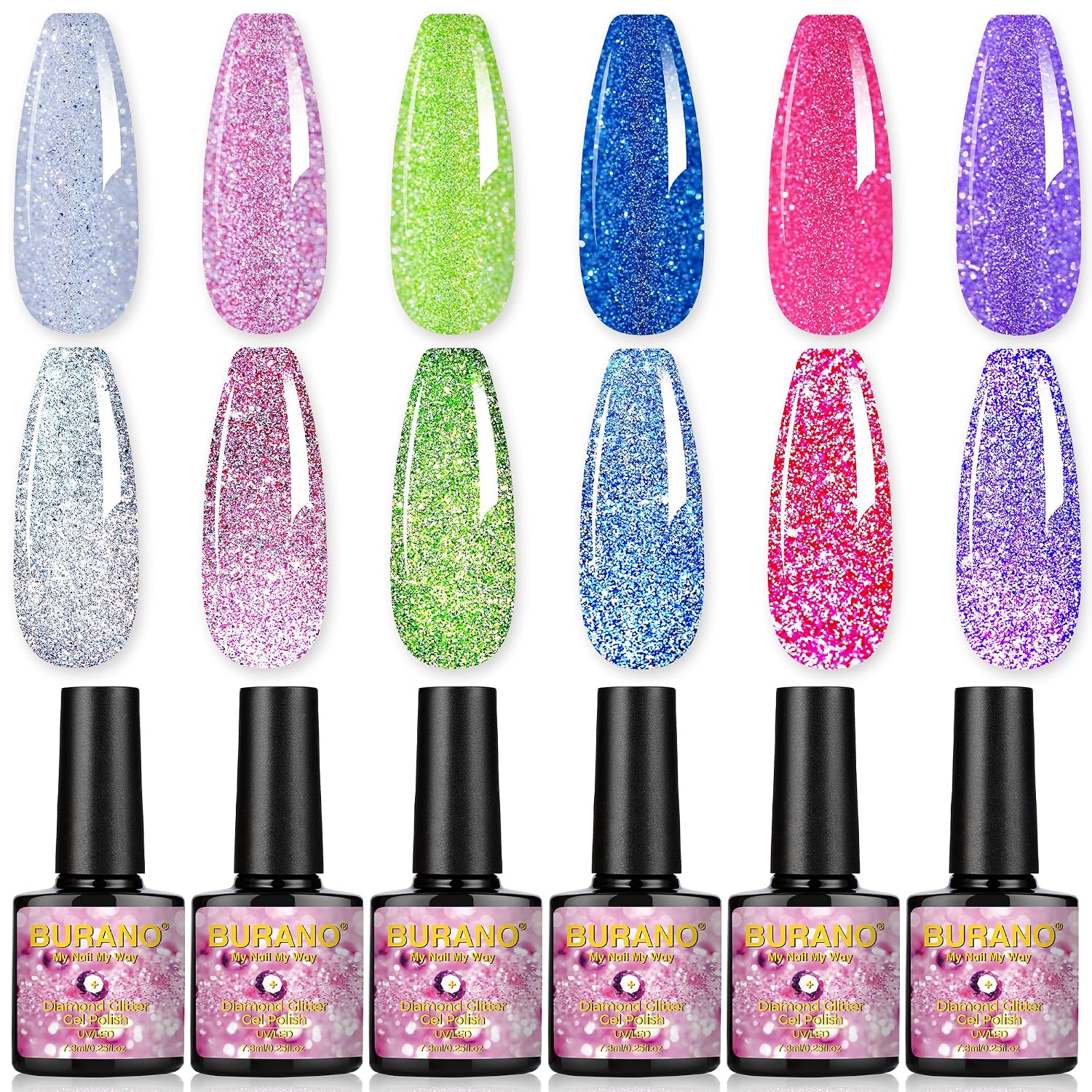 BURANO Reflective Glitter Gel Polish, Rose Blue Purple Silver Holographic Glitter Gel Nail Polish, Soak Off Disco Gel Polish UV Lamp Required