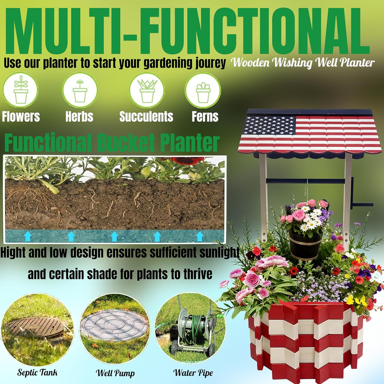 NestNature 25.56" Americana Wooden Wishing Well Planter for Outside, Rustic Outdoor Wishing Well with 4 Reinforced Rods & Hanging Bucket, Decorative Well Cover for Yard Garden Patio Lawn Backyard