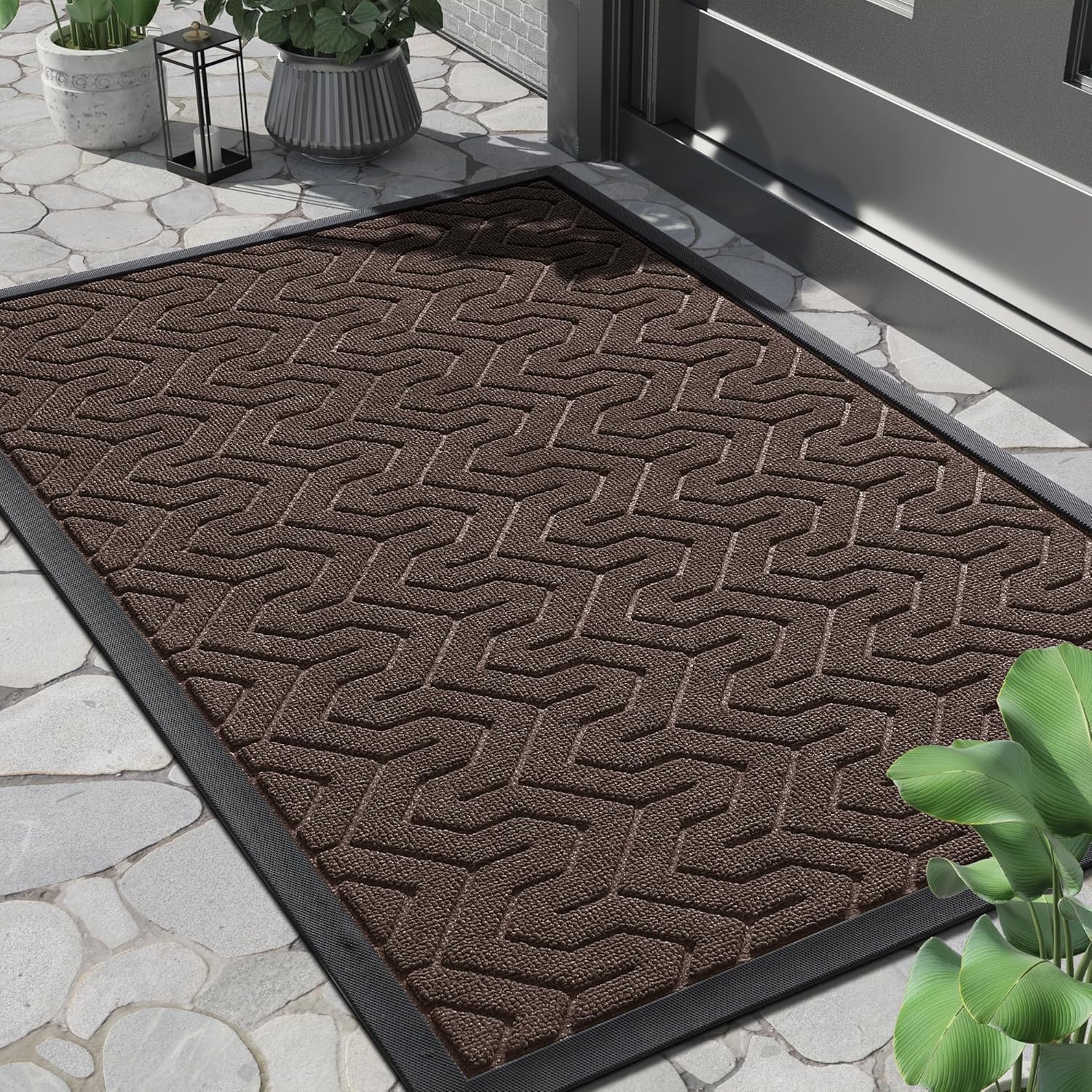 Yimobra Front Door Mat Outside Entrance 29.5x17, Waterproof Heavy Duty Outdoor Mats for Front Door, Non Slip Rubber Entry Mat for Garage Patio Indoor, Brown