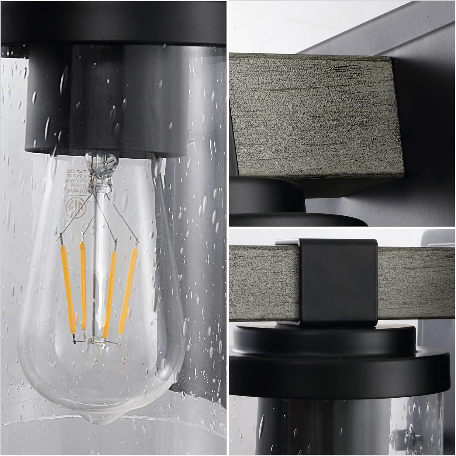 JONATHAN Y 4.5" Black/Gray Oak Wood Finish 1-Light LED Vanity Light, Rustic Farmhouse Sconce, Clear Seeded Glass Shade, Industrial Wall Lamp for Bathroom Mirror, Kitchen Sink, LED Bulb (JYL7507B)