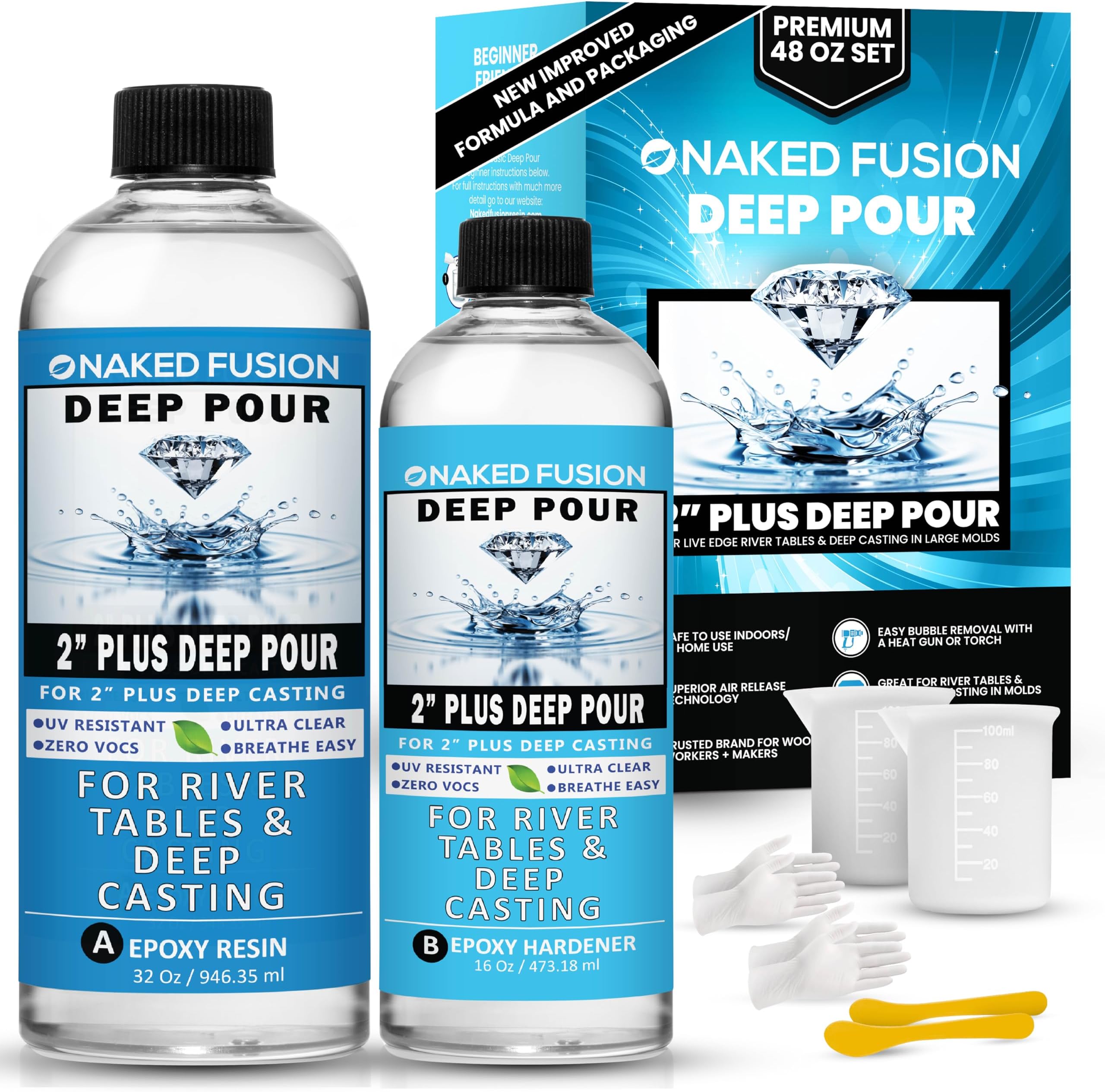 Epoxy Resin Deep Pour Crystal Clear- 2 Inch Deep Pour Casting Resin for River Tables, Flower Preservation, Silicone Molds, Art, Wood- Non Yellowing- Non Toxic - Food Safe- 48 OZ Kit
