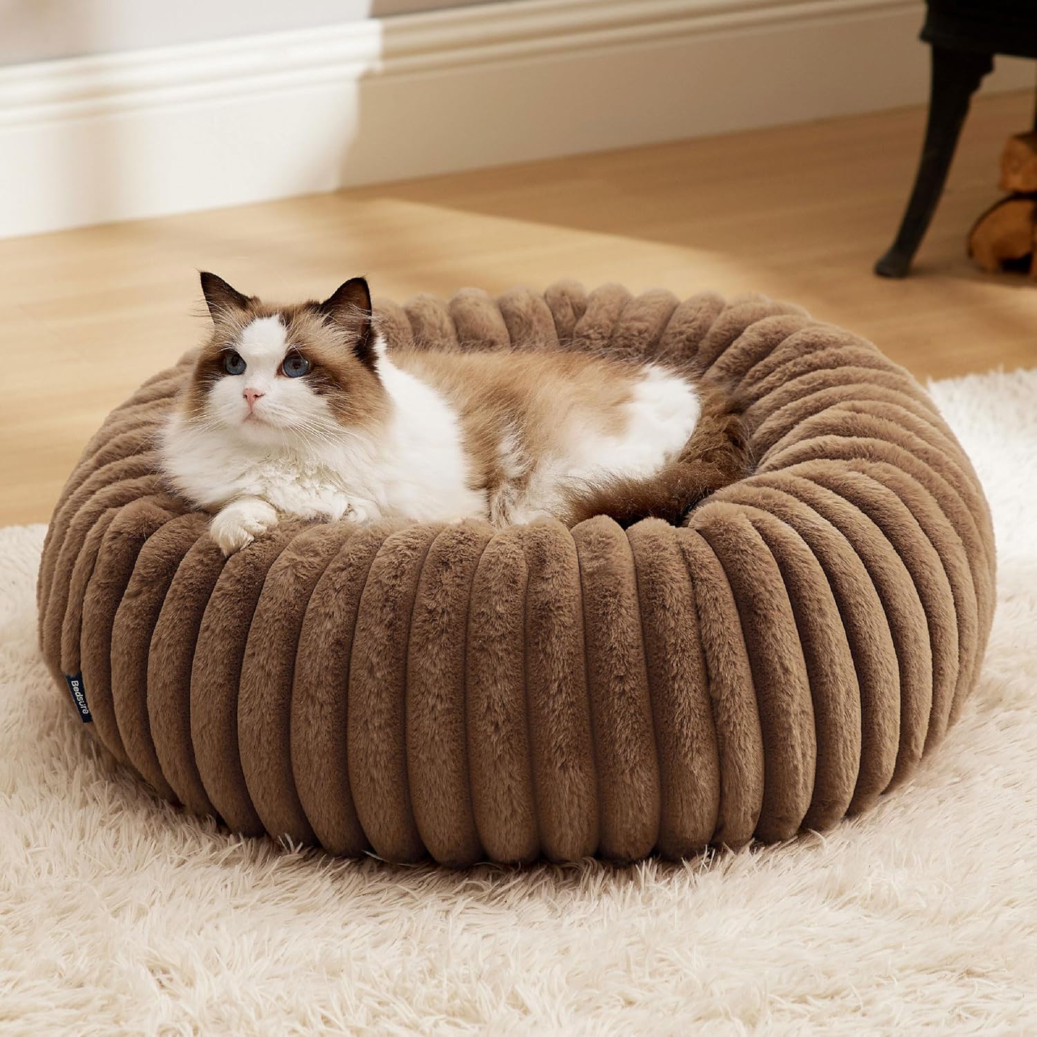 Bedsure Cat beds for Indoor Cats – Donut Dog Beds for Small Dogs with Corduroy Fleece & Anti Slip Bottom, Faux Fur Pet Beds with Washable Removable Cover, Copper Brown, 20x20x6 inches