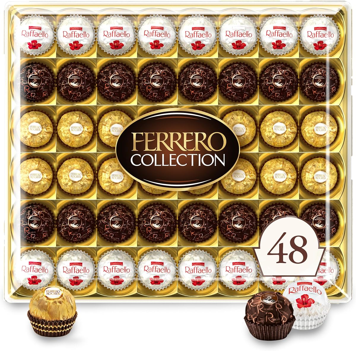 Ferrero Collection Gourmet Gift Box, 48 Assorted Chocolate with Dark Chocolate, Coconut, and Milk Chocolate, 18.2 oz | 6.1 oz, Dark Chocolate and Coconut, Treats