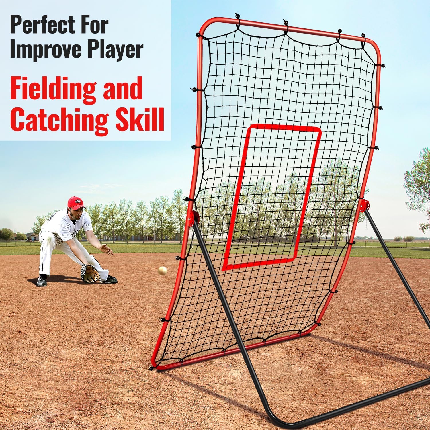 Baseball Rebounder Net Pitchback Net，Angle Adjustable Pitch Trainer Simulate Grounder and Fly Ball, Baseball Softball Pitching and Fielding Rebound Net for All Players Pitch,Throw,Fielding