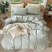 Vista 121 de MooMee Juego de funda de edredón 100% algodón lavado con textura tipo lino, transpirable, duradero, suave y cómodo