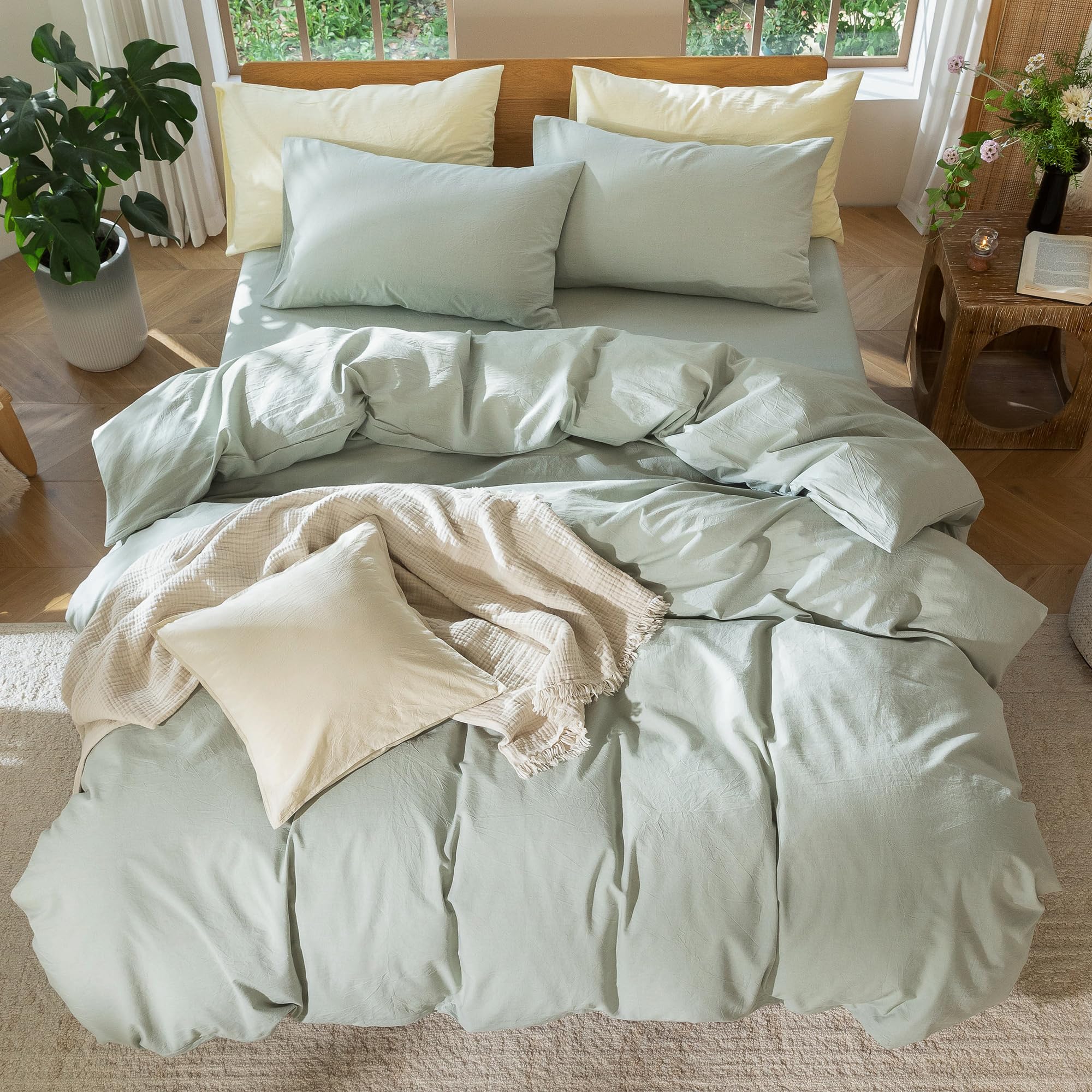 MooMee Bedding Duvet Cover Set 100% Washed Cotton Linen Like Textured Breathable Durable Soft Comfy (Tannish Linen Grey, King) — view 161