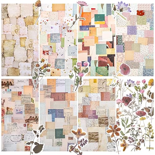 445 Pcs Vintage Scrapbook Paper, Journaling Supplies Kit, Delicate Decorative Paper with Floral Stickers & Multi-Size Scrapbook Paper for Junk Bullet Journal, DIY Collage Art, Vintage Crafts