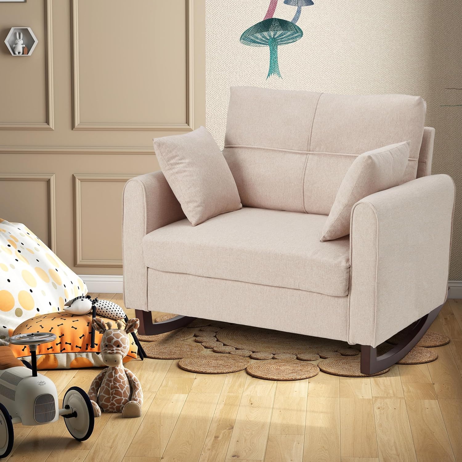 HOMREST Oversized Nursery Rocking Chair with USB Port, Wide Nursery Rocker with High Back and Side Pocket, Upholstered Double Rocker for Living Room, Bedroom, Nursery, Beige