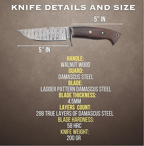 Miniatura 2 de Cuchillo de caza de Damasco hecho a mano con funda de cuero de transporte horizontal, cuchillo de hoja fija de espiga completa para campamento,