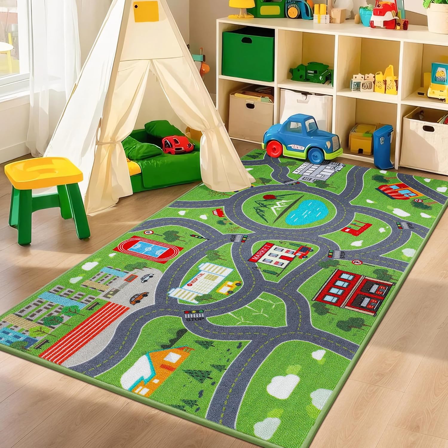 BEQHAUSE Kids Play Mat, Green City Traffic Road Kids Room Rug Great for Playing with Cars, 32"x60" Play Area Rug Car Rugs for Children's Bedroom, Toddler Classroom and Baby Playroom