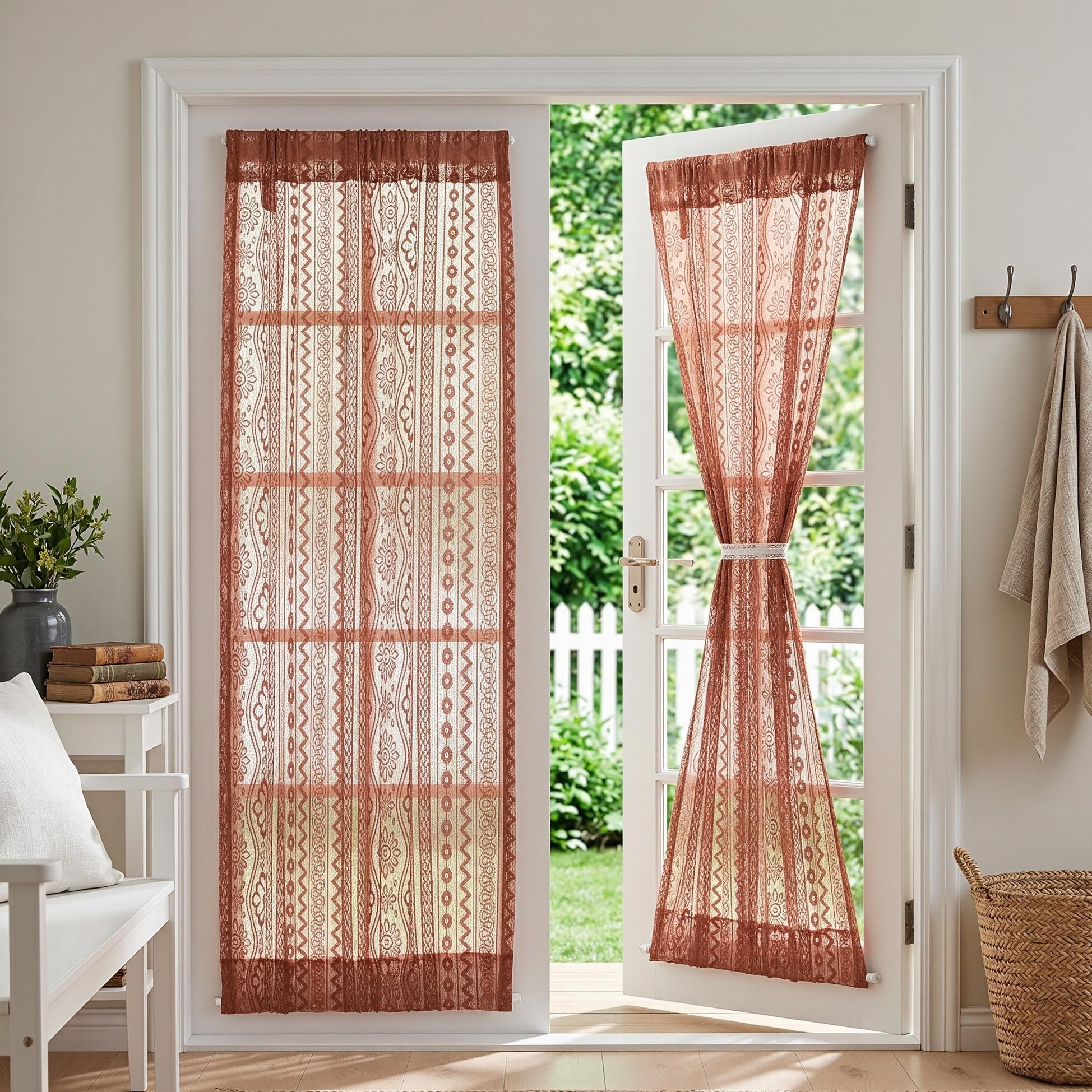 MYSKY HOME Lace Boho French Door Curtains 72 inch Long 2 Panels Sheer Floral Curtains for Door Window Scalloped Doorway Sidelight Curtains Come with 2 Matching Tie-Backs, 26" W Each Panel, Terracotta