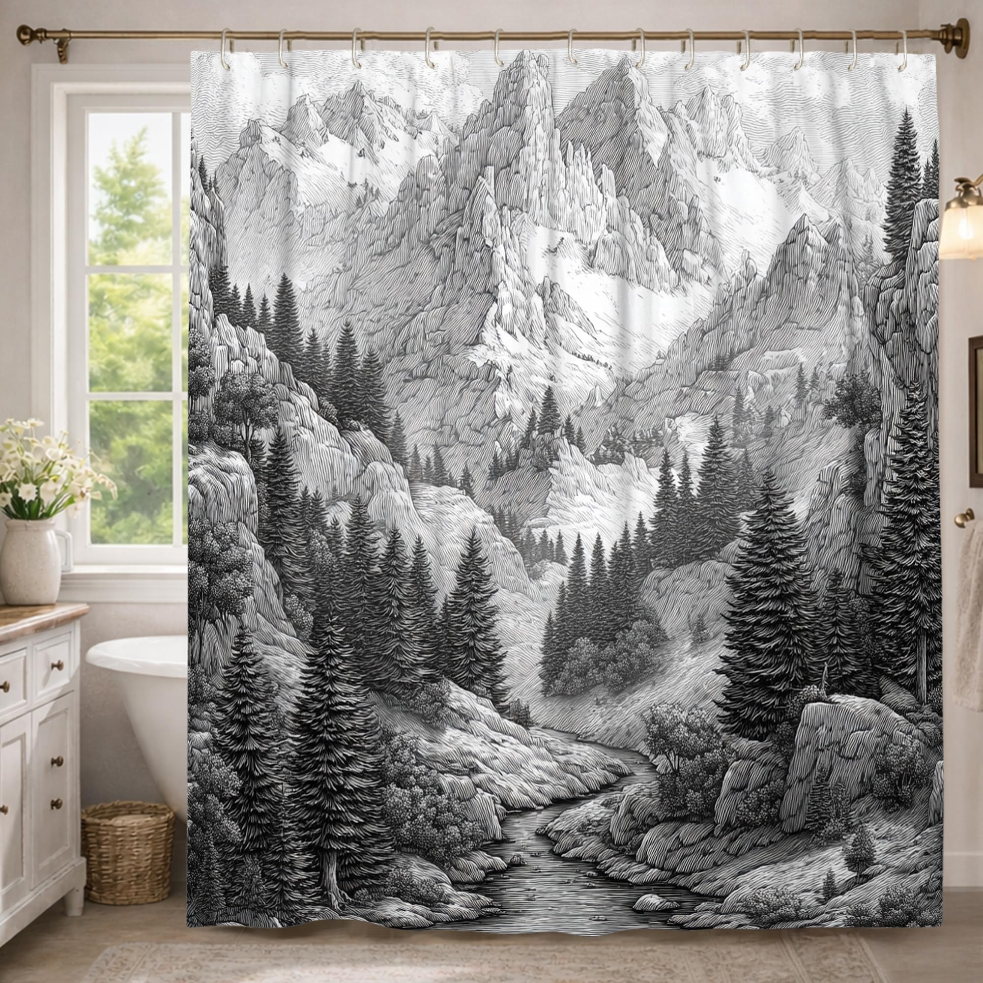 Rideau de douche extra long 183x243 cm motif montagnes et paysage nature noir