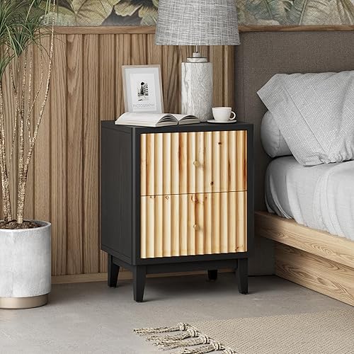 Miniatura 6 de COZAYH Mesita de noche de granja de 2 cajones, mesa auxiliar de noche envejecida con patrón de ondas verticales 3D hecho a mano, para dormitorio,