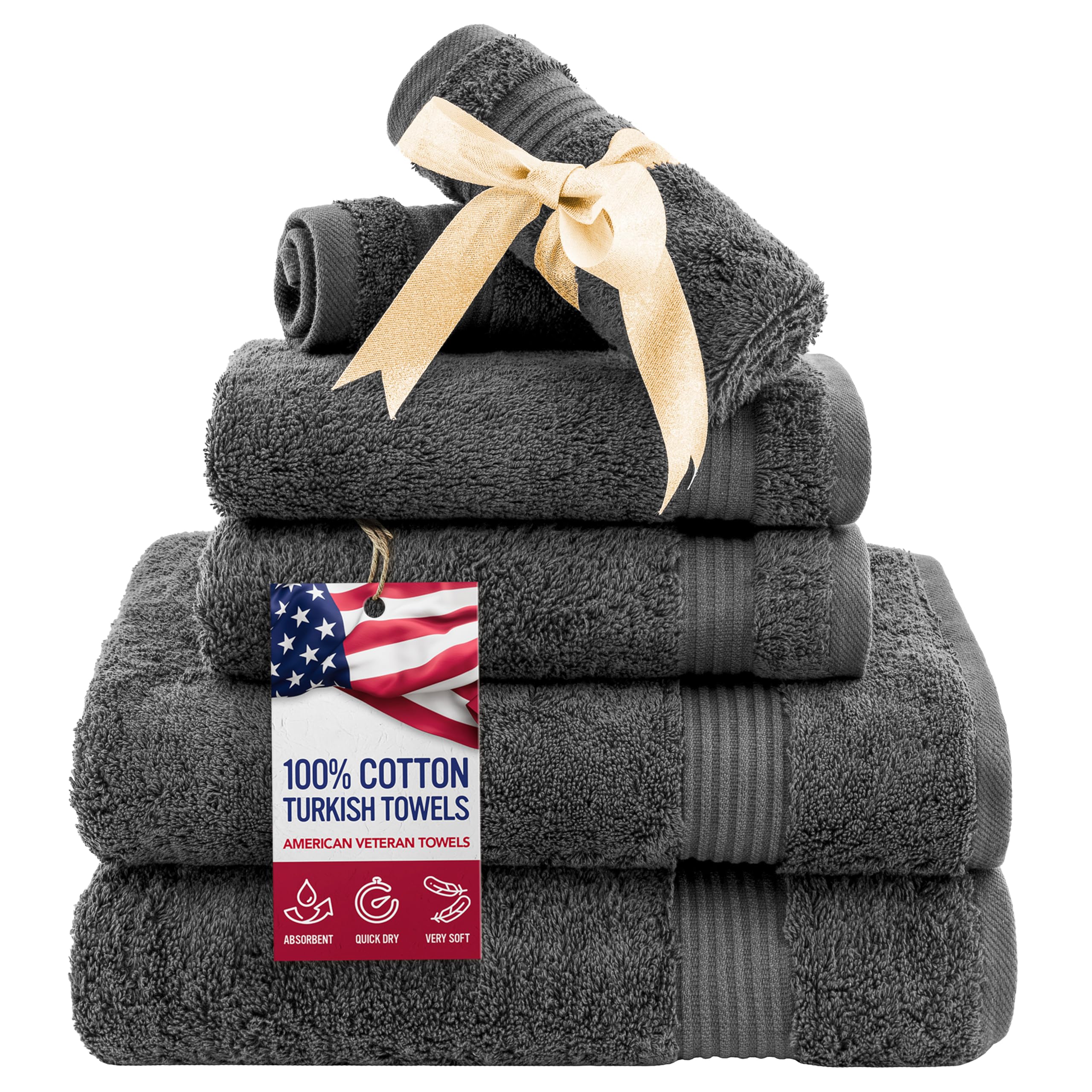 American Veteran Towel, 6 Piece Towel Set for Bathroom, 100% Cotton Turkish Bathroom Towels, 2 Bath Towels 2 Hand Towels 2 Washcloths, Dark Gray