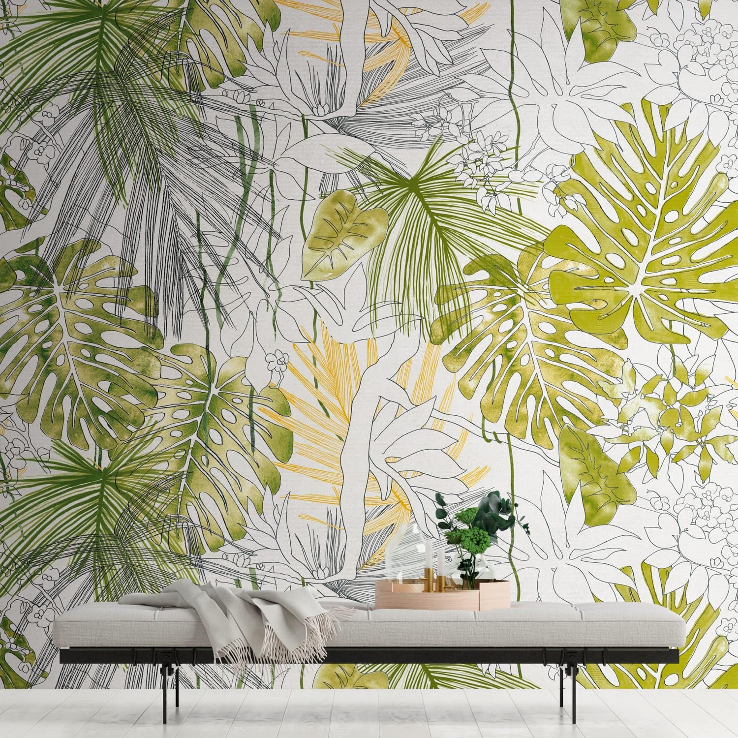 Papier peint jungle intissé panoramique vert jaune gris blanc 10,39 m2