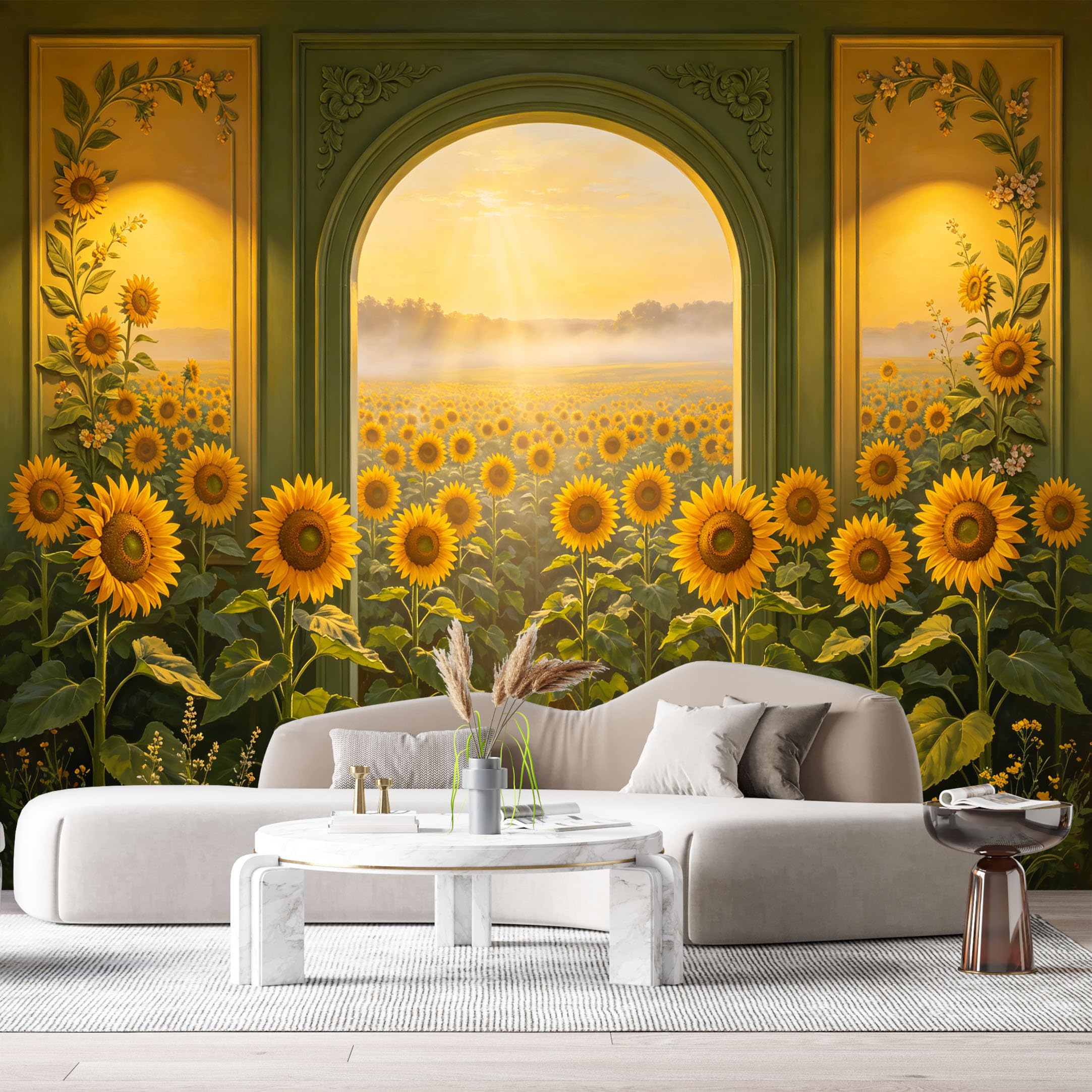Custom Size Wall Murals Sunflower Field Archway Landscape Botanical Oil Painting 3D Trompe L'Oeil SelfAdhesiveWall Fabric Removable Wallpaper Wall Decor for Living Room Bedroom Bathroom
