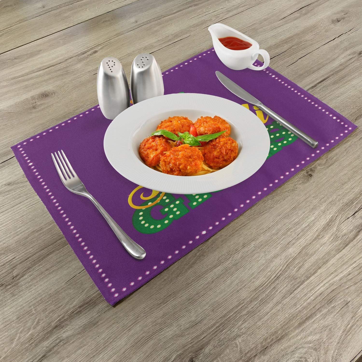 Ambesonne Mardi Gras Place Mats Set of 4, Green Colorful Feathers on Pastel Tone Backdrop Styled Calligraphy, Washable Fabric Placemats for Dining Table, Standard Size, Purple Yellow