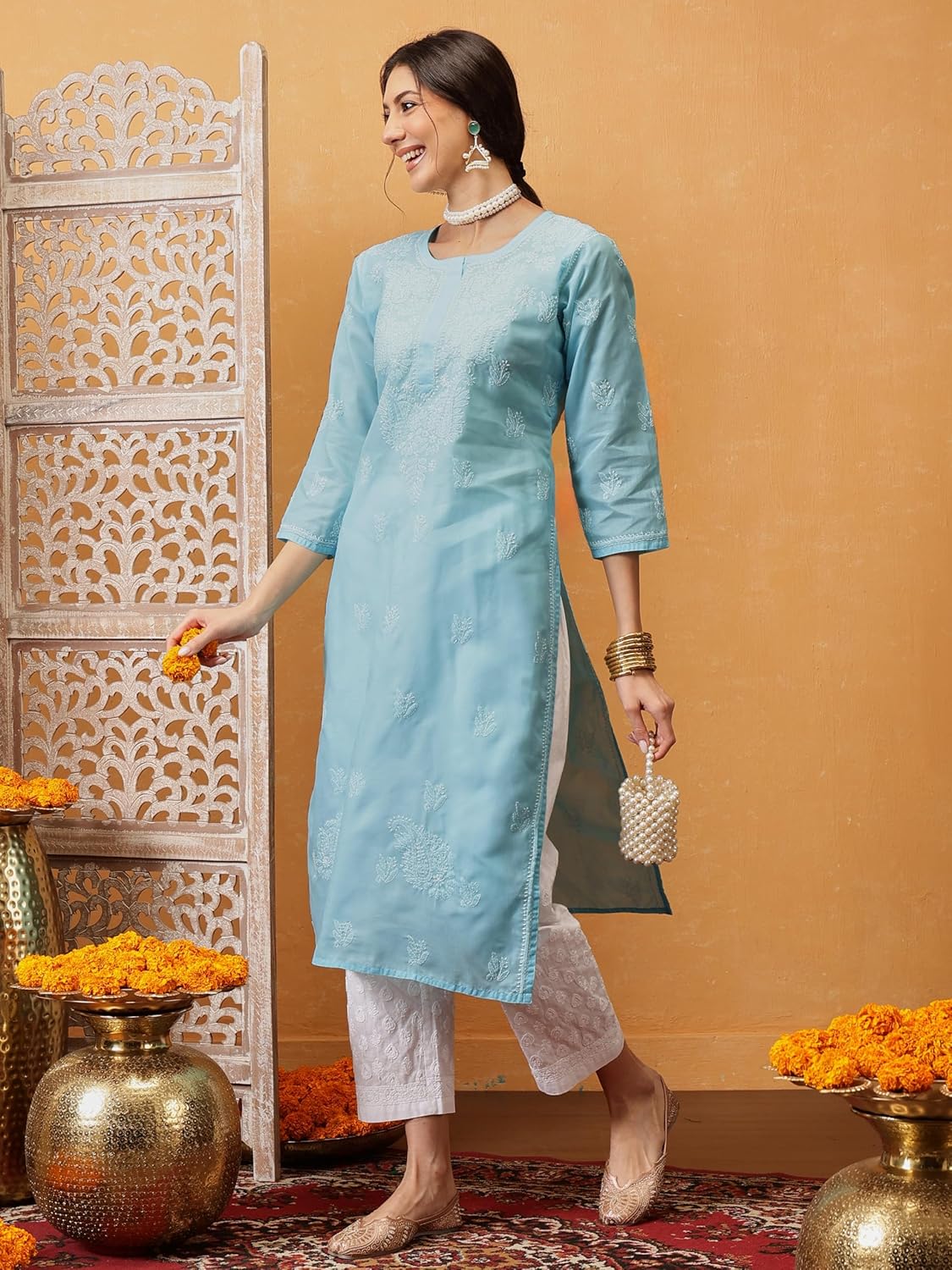 Ada Indian Hand Embroidered Chikankari Straight Cotton Kurti Kurta Tunic for Women A208470 - Image 7