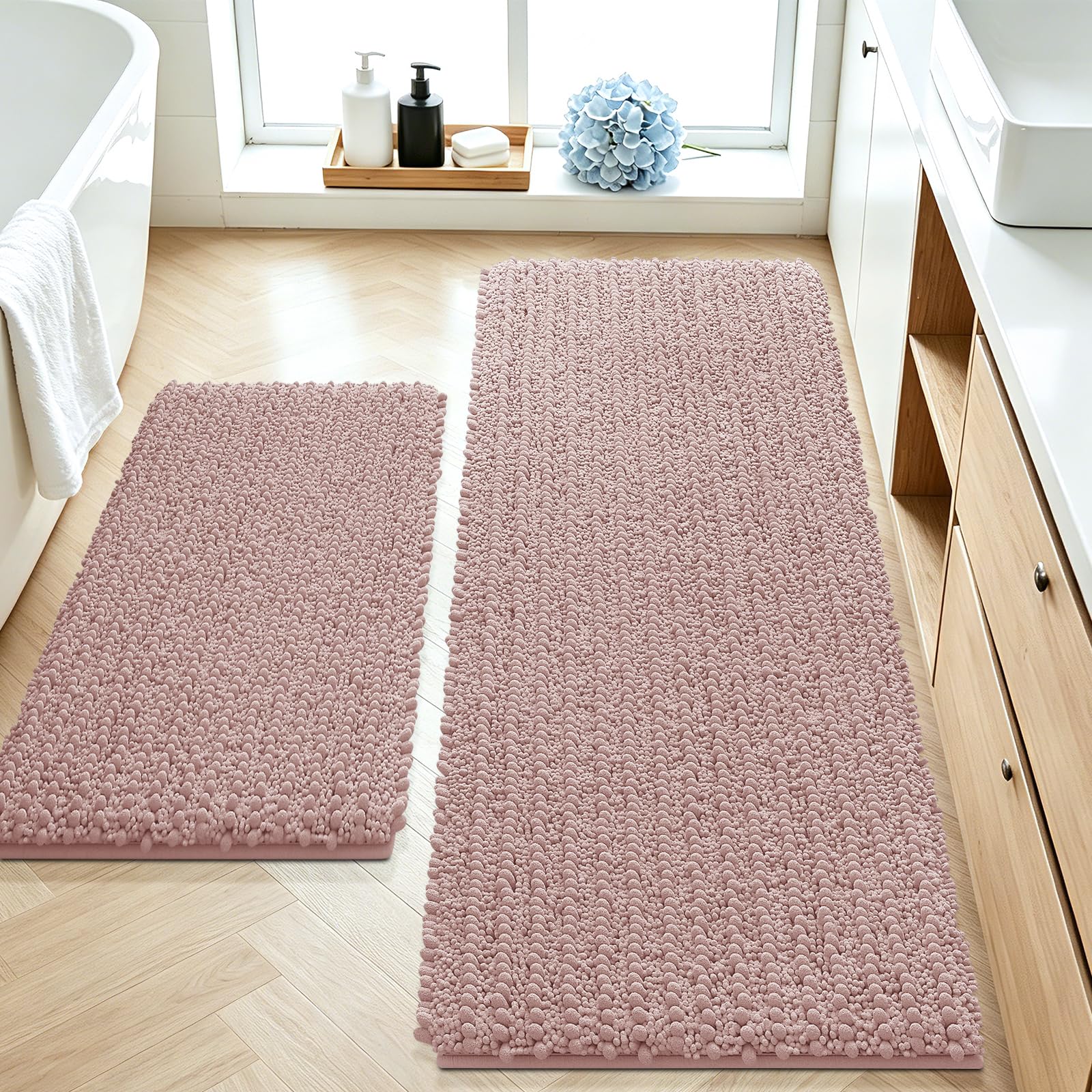 ACCUMTEK Upgrade Luxury 2 Piece Dusty Pink Toilet Bathroom Rug Mat 48"x20"+24"x17", Ultra Soft Thick Absorbent Bath Mats, Non Slip Chenille Toilet Mat for Bathroom, Bedroom, Kitchen, Shower, Tub
