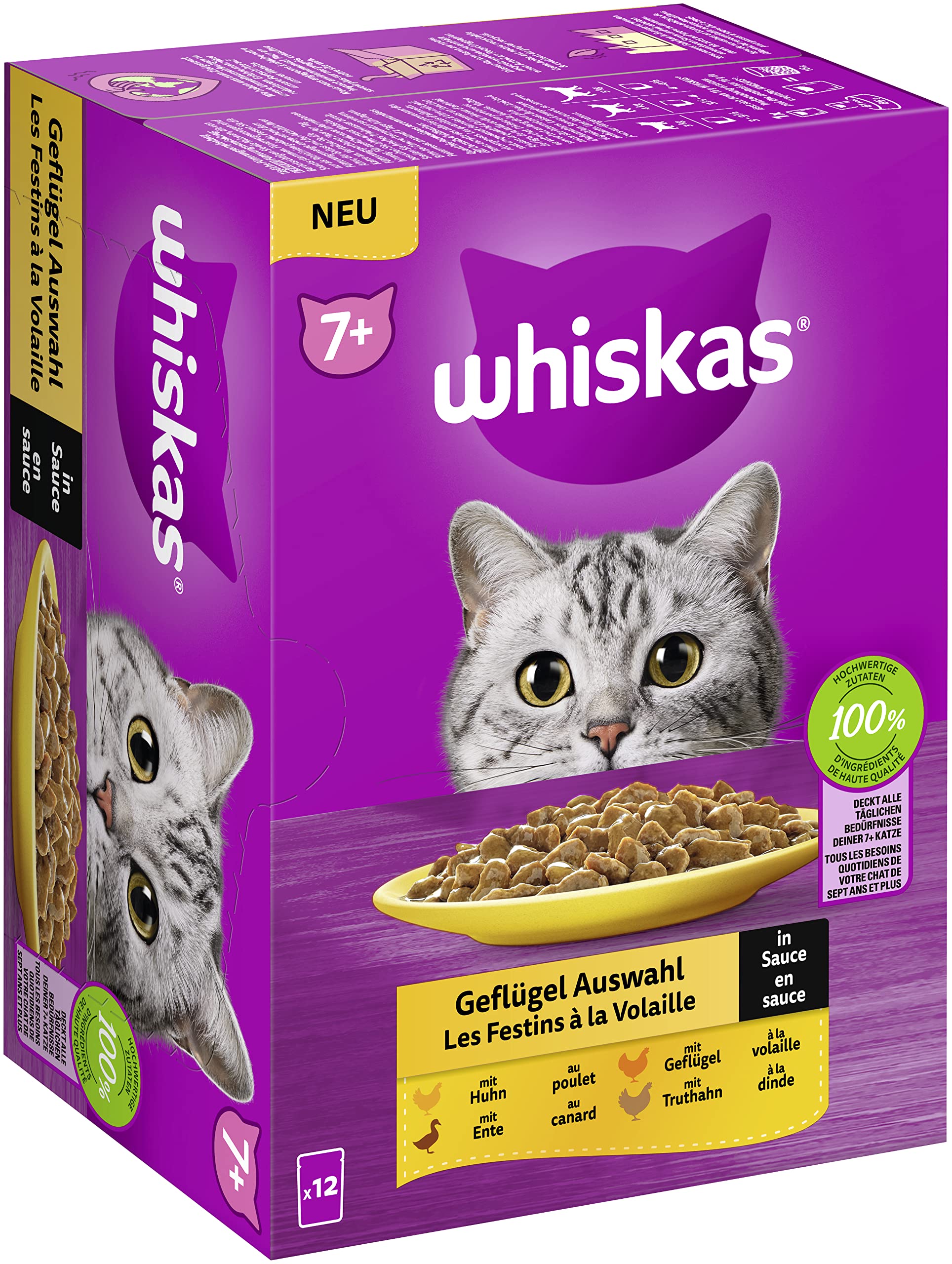 Whiskas 7+ Poultry Cat Food in Sauce, 12 x 85g (1 Pack) - Wet Food Ages 7 in 12 Portion Bags