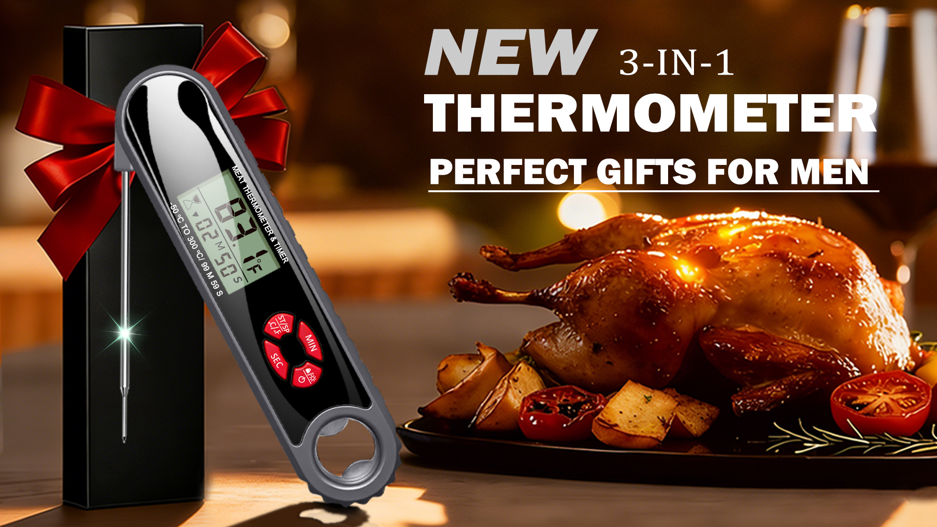 Image of 3 in 1 Meat Thermometer Digital with Beer Bottle Opener, Built-in a Kitchen Timer. Waterproof, Large Backlit Screen, Perfect Kitchen Accessories,BBQ Grill Cooking Gifts for Men,Fathers Day Gift
