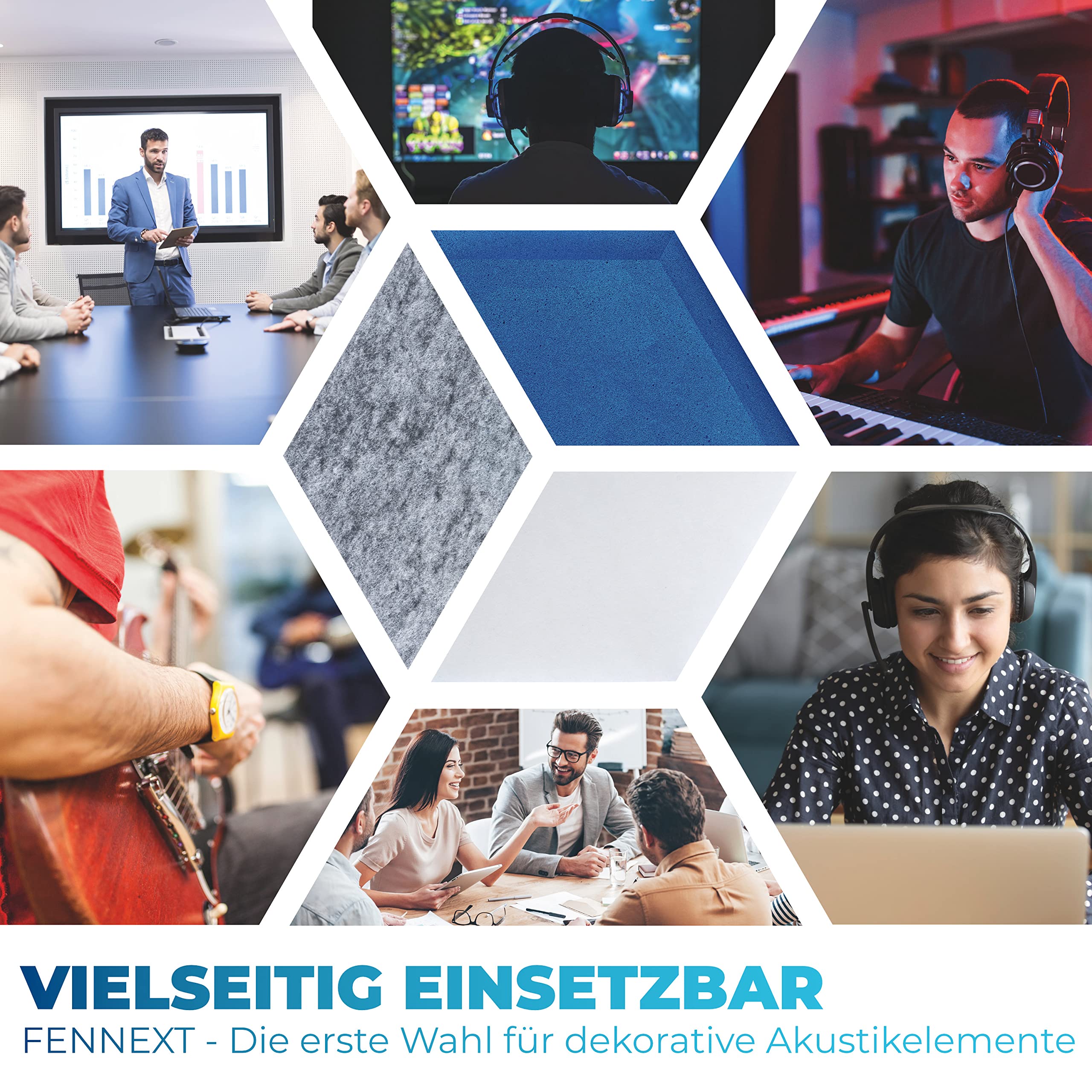Schallabsorber Wand - Akustikbild - der perfekte Schallschutz aus BASOTECT ® und AKUSTIK-VLIES für Gaming, Homeoffice, Studio - 9er Starterset HYBRIDBLAU
