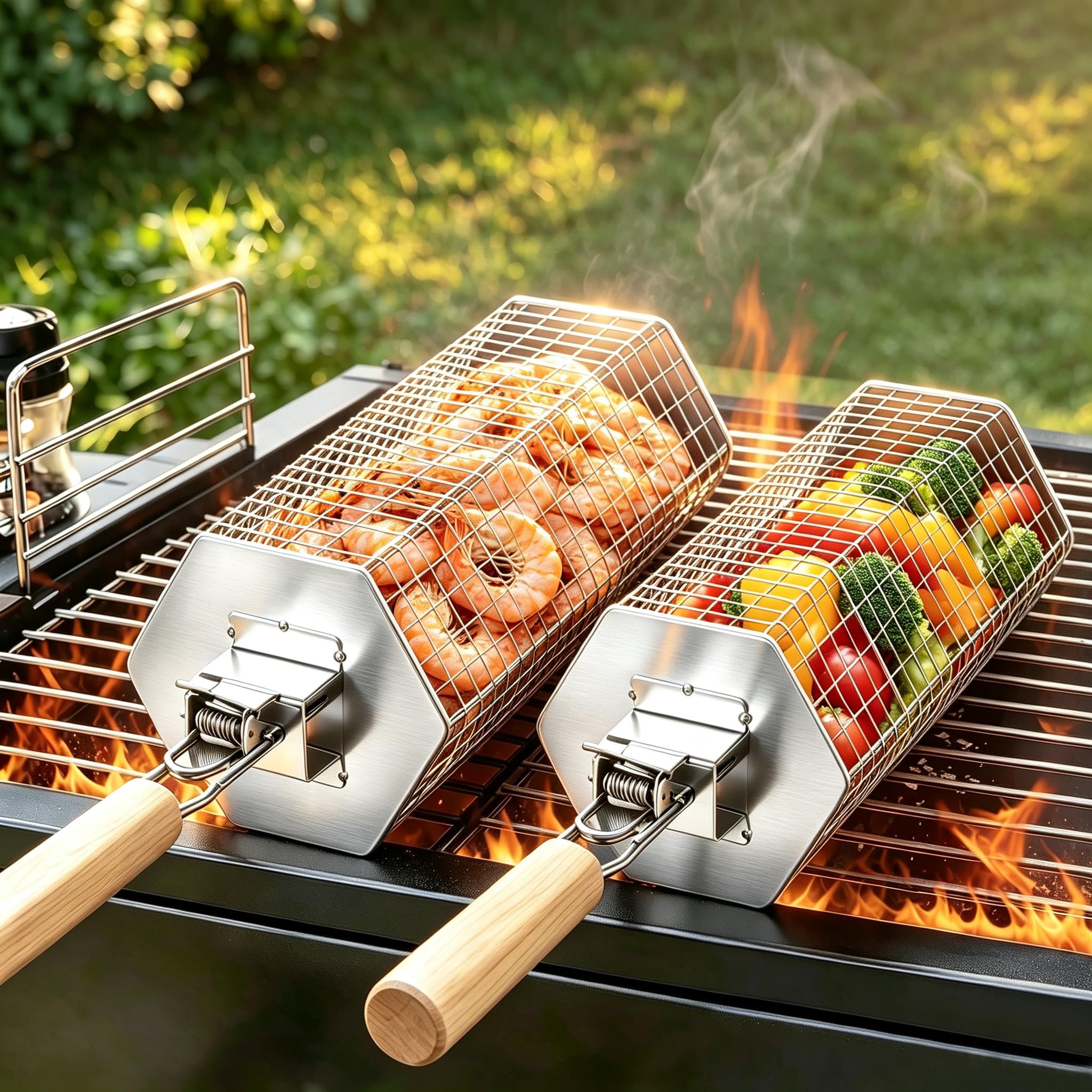 Cestello Regolabile per Barbecue, Design Esagonale ad Apertura Rapida, Manico Rimovibile, Acciaio Inossidabile 304, Accessori BBQ per Verdure, Griglia Carbonella per Esterno Campeggio Cucina
