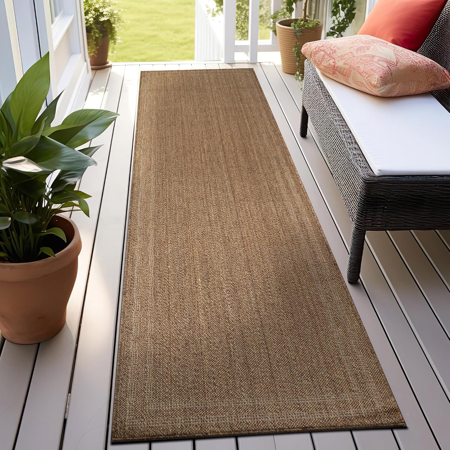 Rugshop Border Stripe Indoor Outdoor Flat Woven Runner Rug,Natural Jute-Style,Easy-Care Patio Rug for Backyard Porch Deck Balcony, 2'3" x 6' Sand/Natural