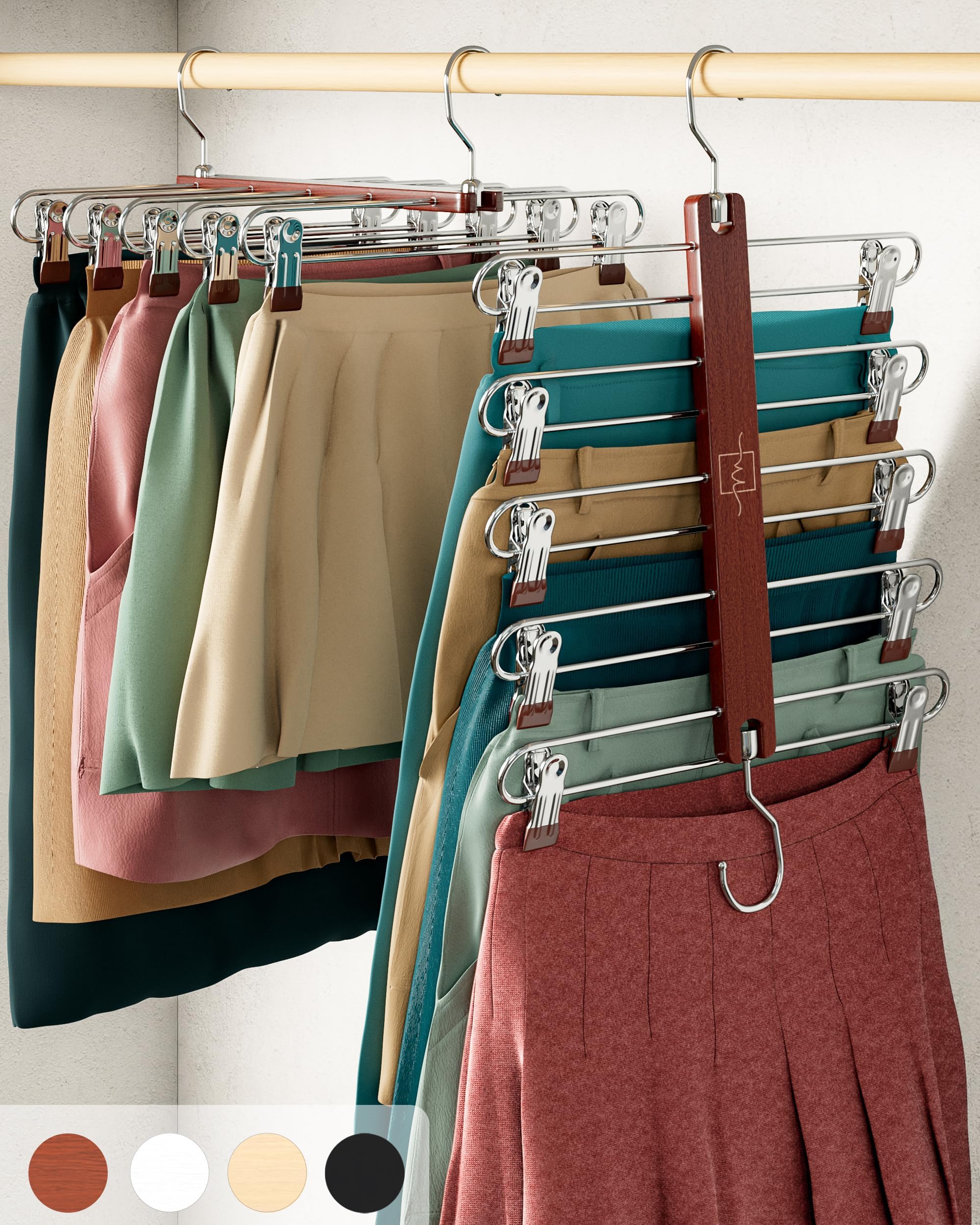 MORALVE Skirt Hangers Space Saving with Clips - 2 Pack - European Beechwood 5-Tier Hanger for Shorts, Skirts, and Trousers - Wardrobe Organizer and Storage Solution for Women with 360° Swivel Hook