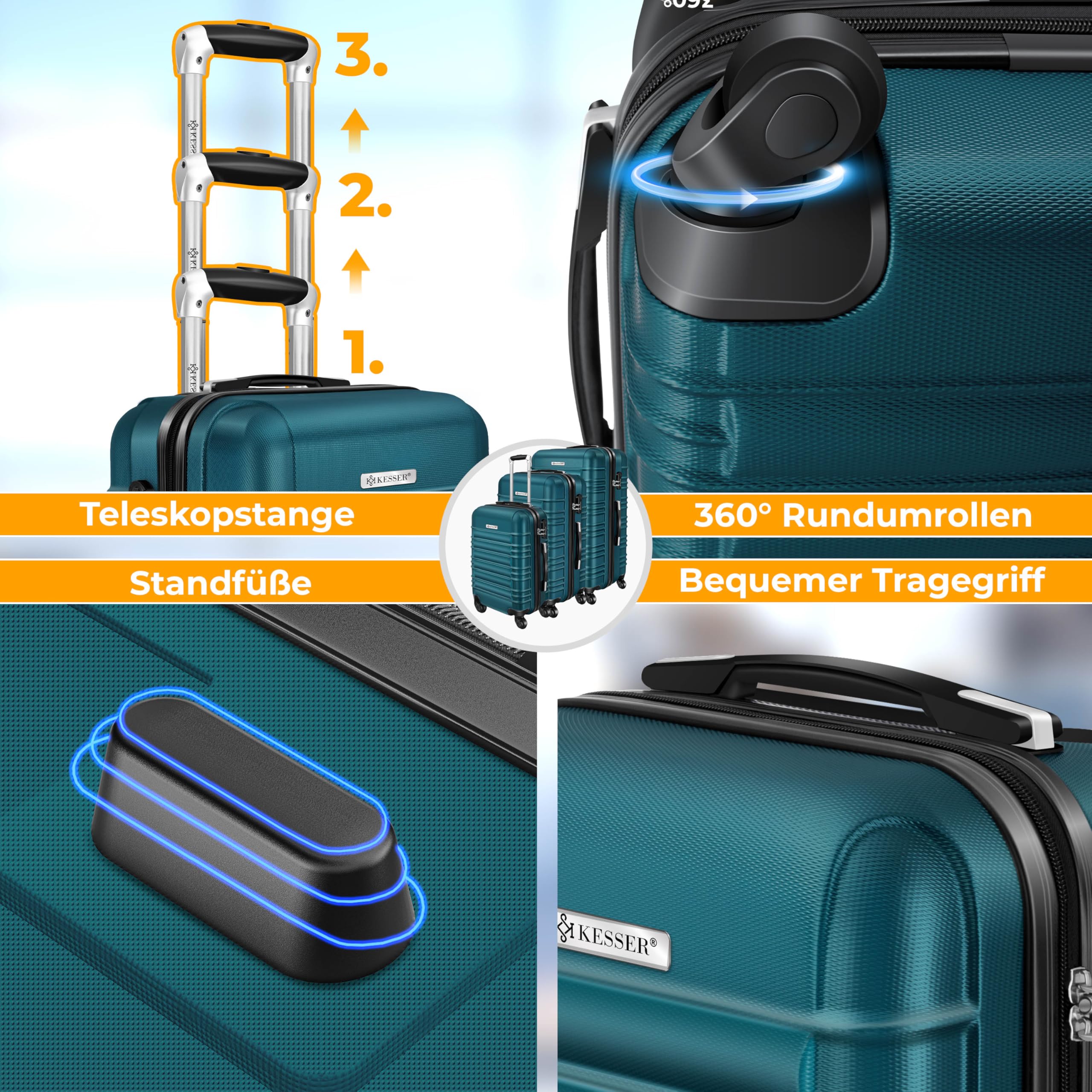 KESSER® Set di 3 valigie rigide, set di valigie da viaggio, set di valigie trolley, incl. bilancia per bagagli + etichetta per bagagli, chiusura per valigie rotolanti, manico telescopico M-L-XL