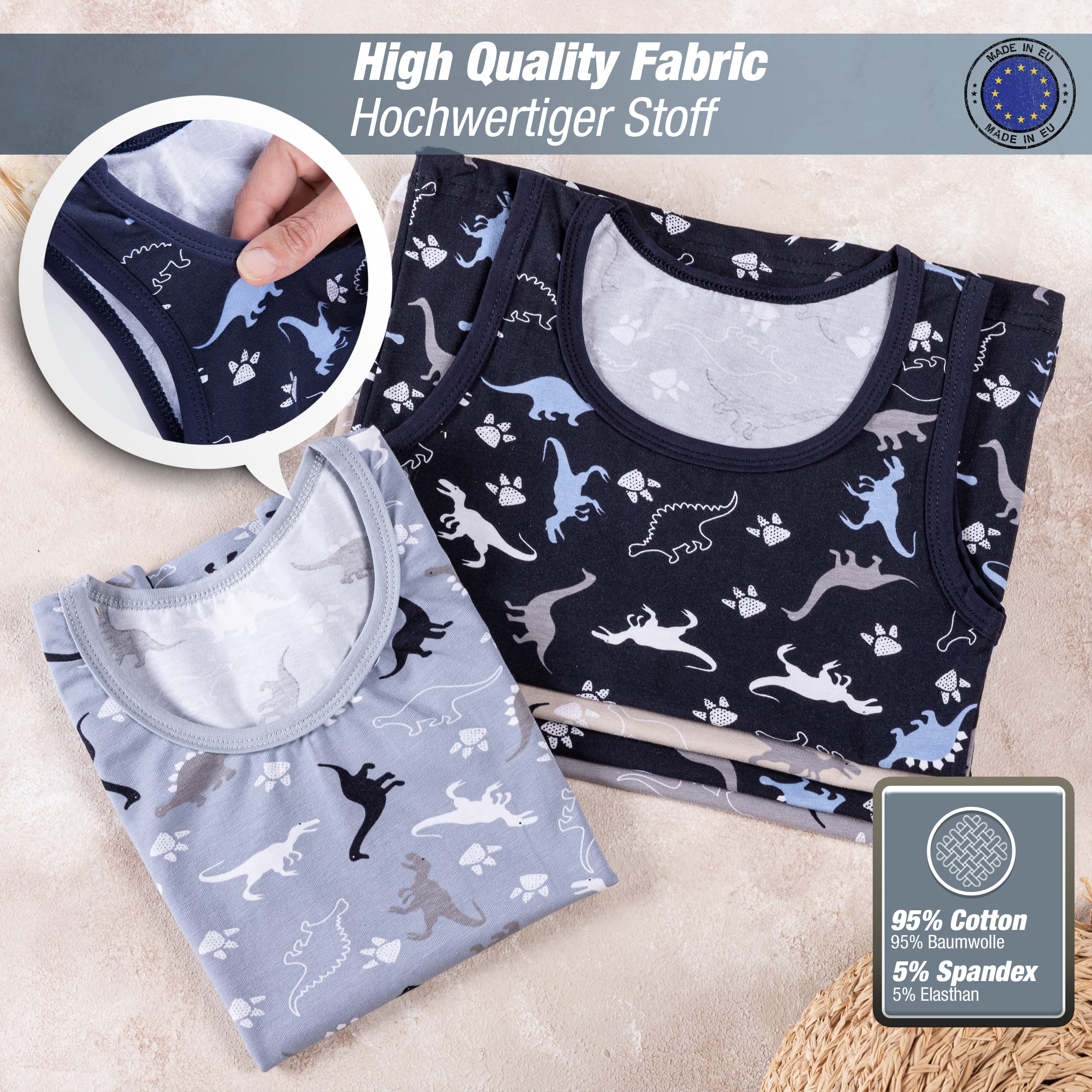 LOREZA ® Camiseta Interior de Tirantes para niño - Algodón - Motivo Dinosaurios - Disponible en Tallas de 2 a 11 años - Pack de 5 Unidades
