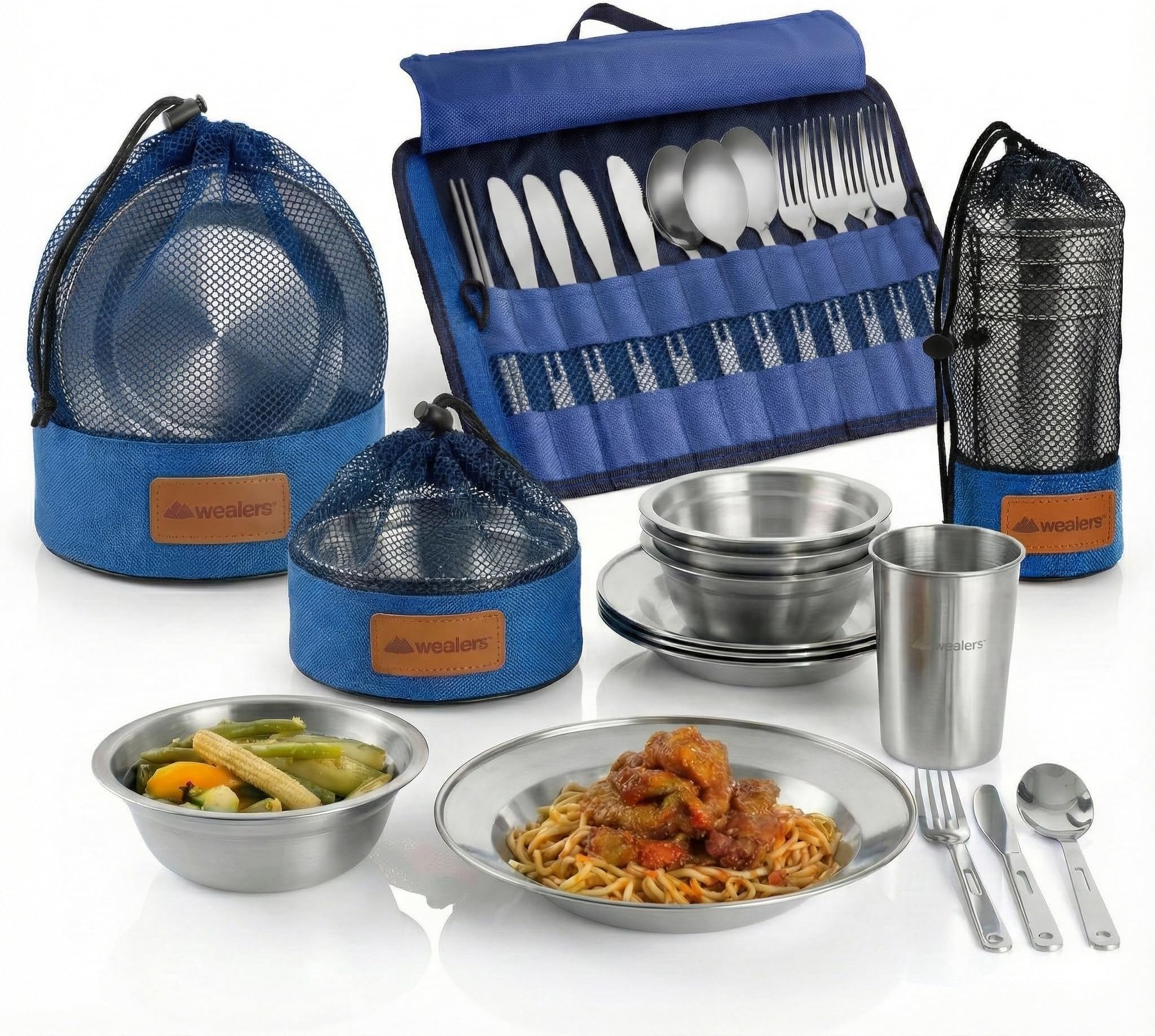 Wealers Unique Complete Messware Kit Polished Stainless Steel Dishes Set| Tableware| Dinnerware| Camping| Buffet| Includes - Cups | Plates| Bowls| Cutlery| Comes in Mesh Bags (4 Person Set)