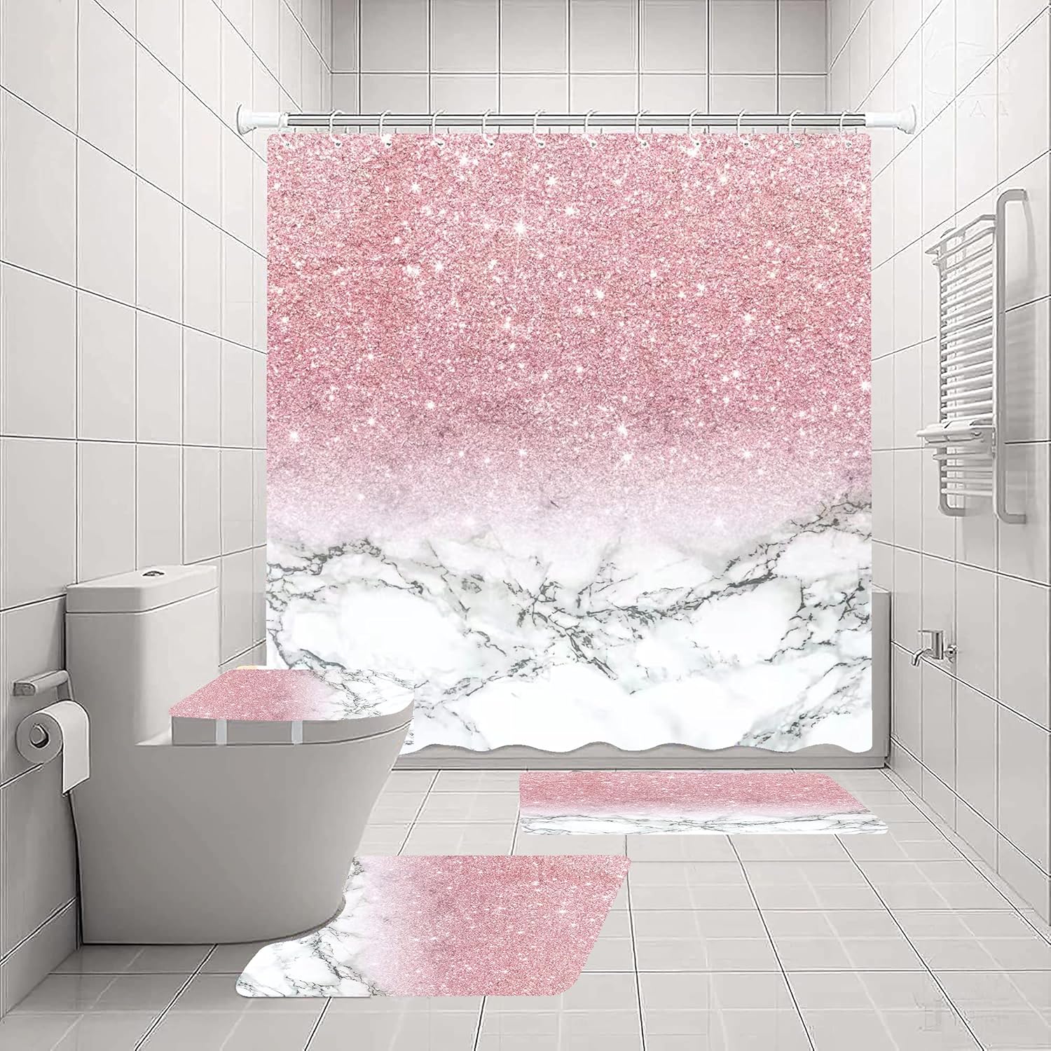 4 Pcs Pink Bathroom Shower Curtain Set with Waterproof Shower Curtain, Non-Slip Soft Flannel Rugs, Toilet Lid Cover, Bath Mat and 12 Hooks for Home Decorations, Pink, 72"x72"