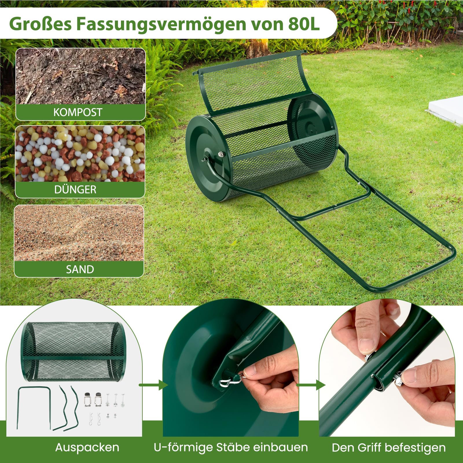 GOPLUS Esparcidor de Compost de 80 L, con Cierres Laterales y Mango en Forma de U, Esparcidor de Turba con Malla de Metal, Esparcidor de Jardín para Musgo de Turba, Fertilizante, Semillas (Verde)