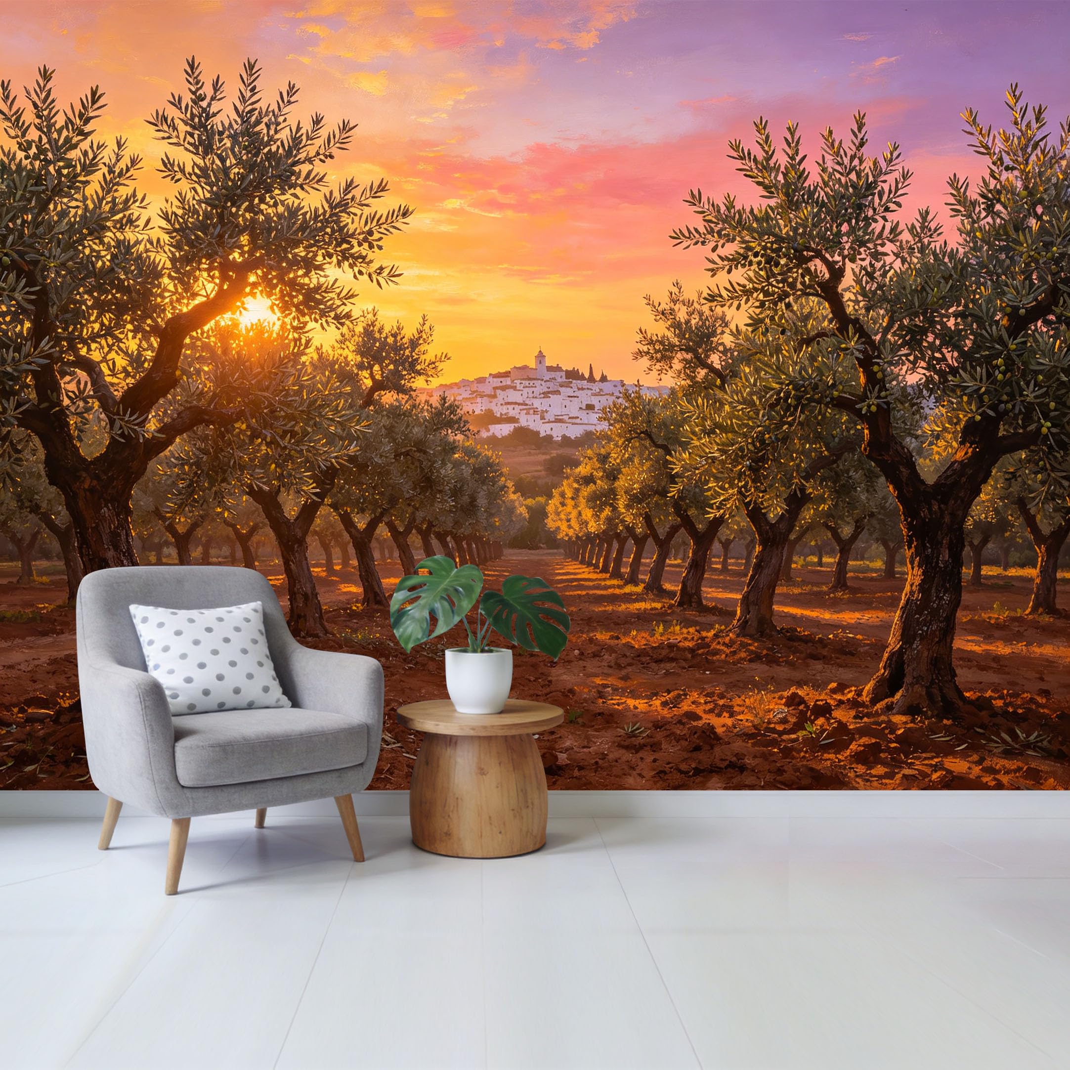 Custom Size Wall Mural Mediterranean Olive Grove Sunset Landscape Removable Self Adhesive Fabric Home Wall Decor for Living Room Bedroom Bathroom