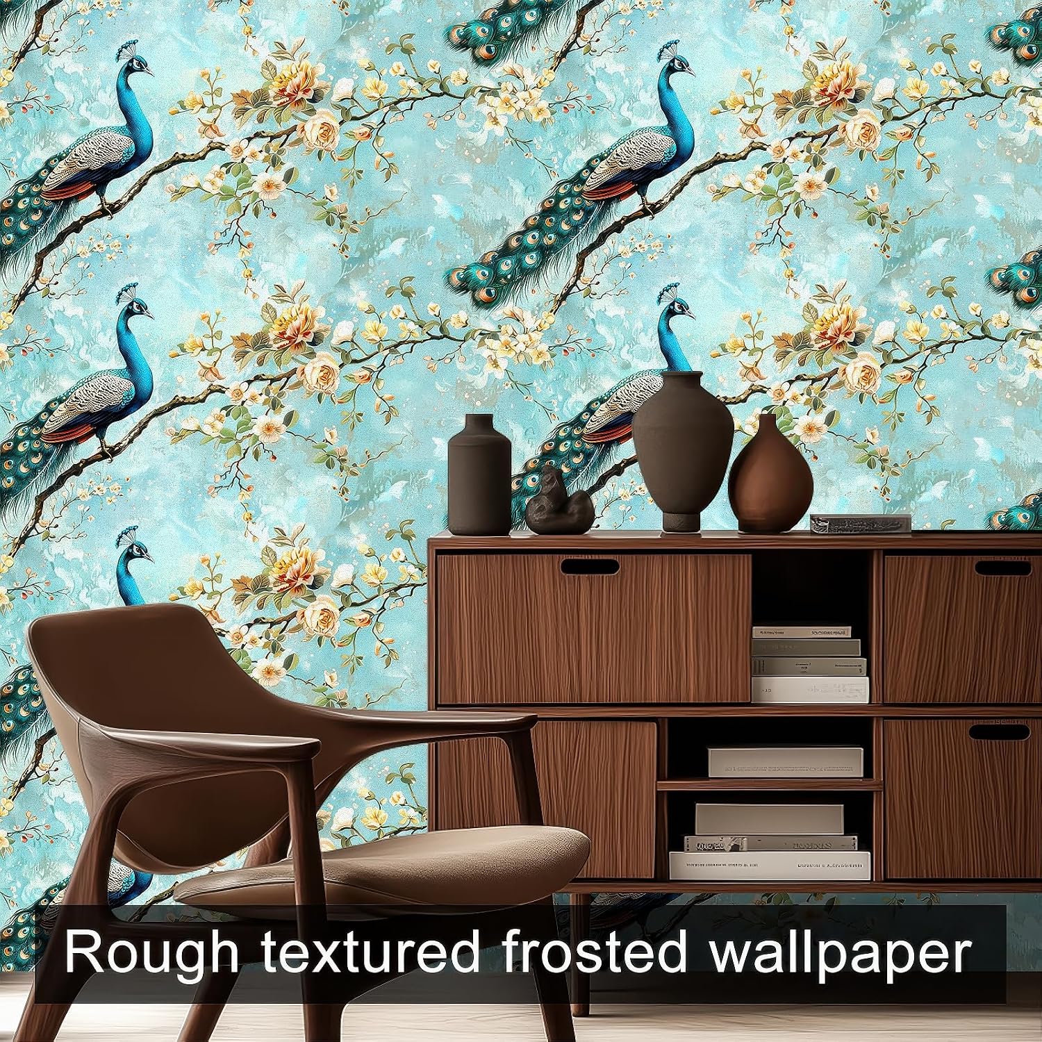 HOMETITUTE Peacock Wallpaper Peel and Stick Floral Blue Contact Paper Wall Paper Stick 17.7" x 118.1" Self Adhesive Vinyl Wall Covering for Bedroom Living Room Accent Decor