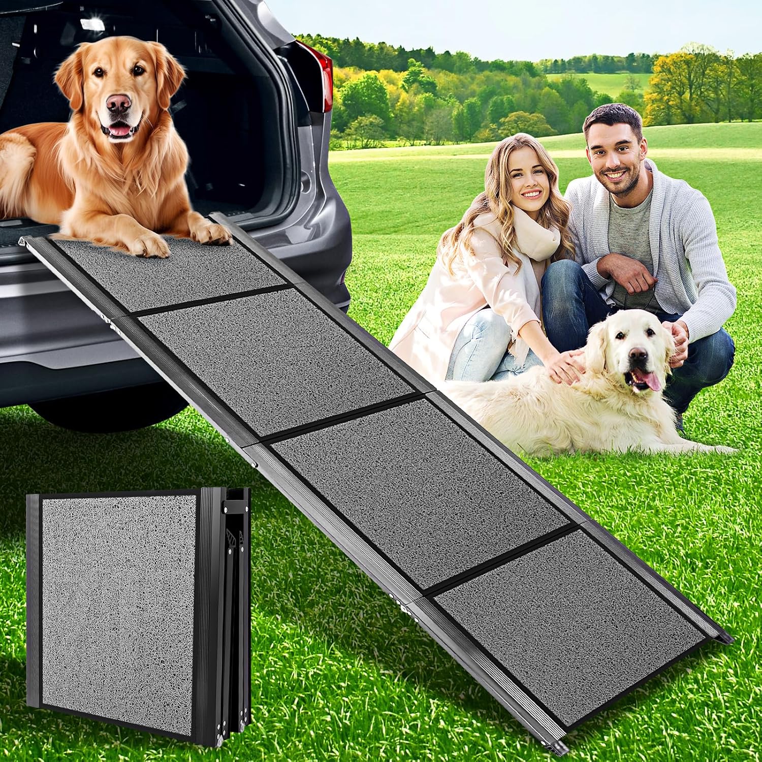 71”x 20” Dog Ramp, Dog Ramp for Car, Car Ramps for Pets Up to 300LBS, Folding Dog Stairs, Pet Ramp with Non-Slip Rug Surface, Extra Long Dog Steps for Car, SUV, Truck, Wire Loop