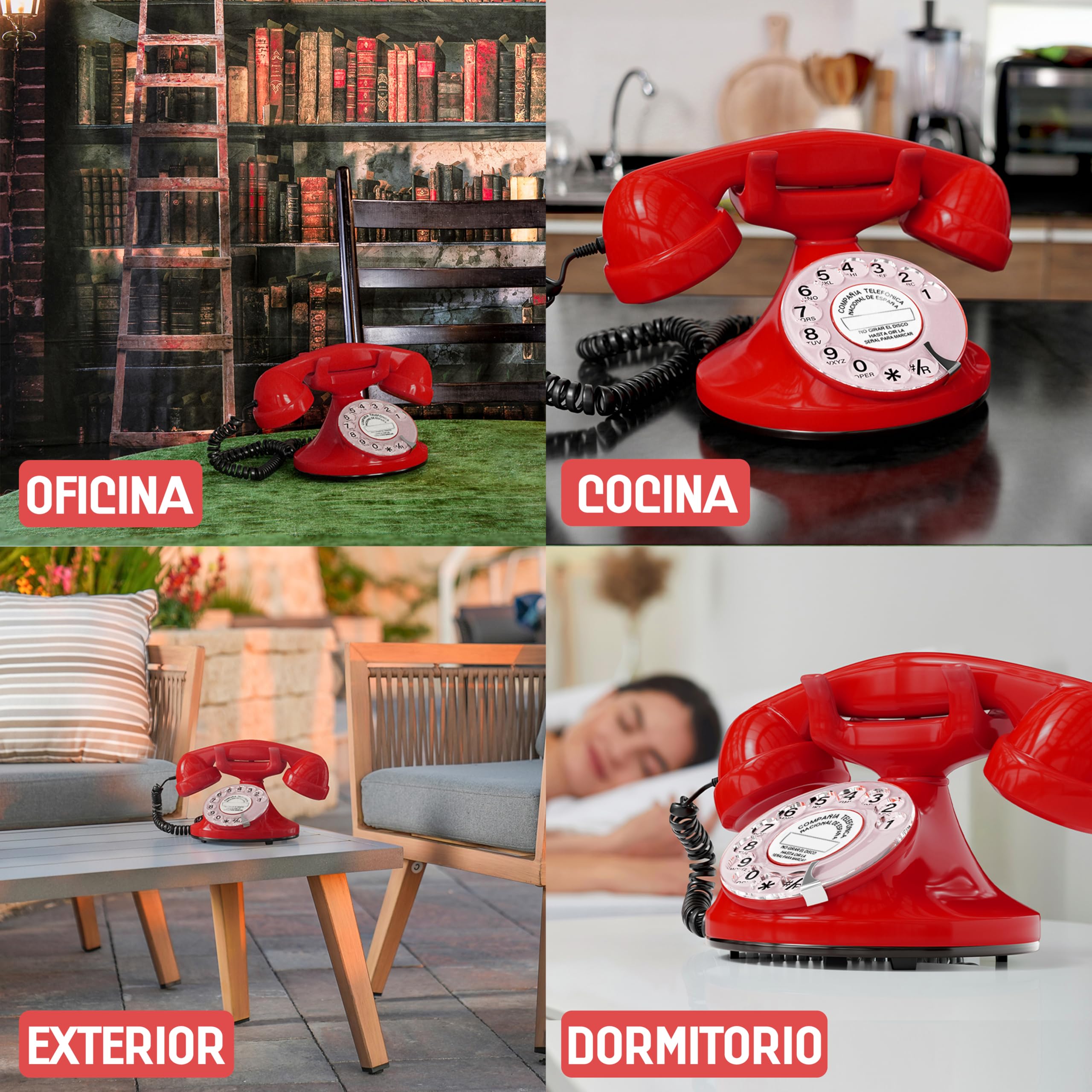 Opis FunkyFon Cable: El Teléfono Fijo Retro Vintage, un Teléfono Antiguo y Clásico para tu Casa Rojo — view 5