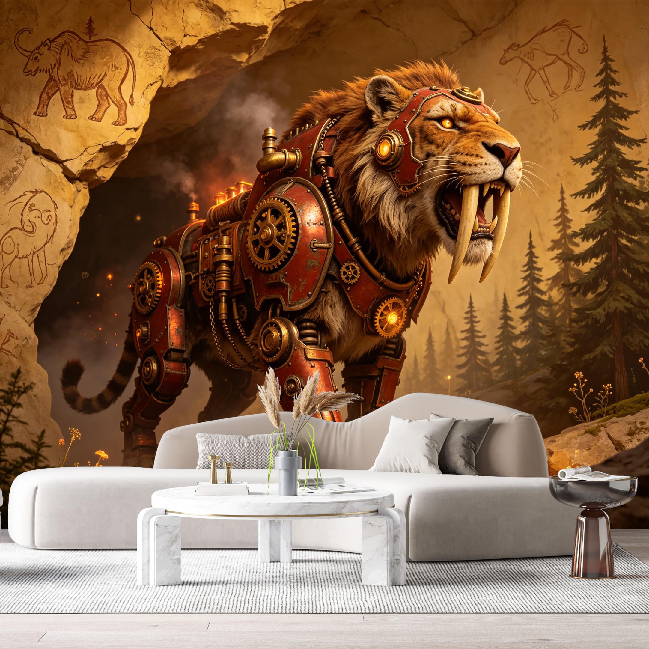 Custom Size Wall Mural Mechanical Saber Tiger Steampunk Armor Beast SciFi Mech 3D Textured Metal Style SelfAdhesive Art Prints Removable Large Wallpaper Esports Room Game Room Studio